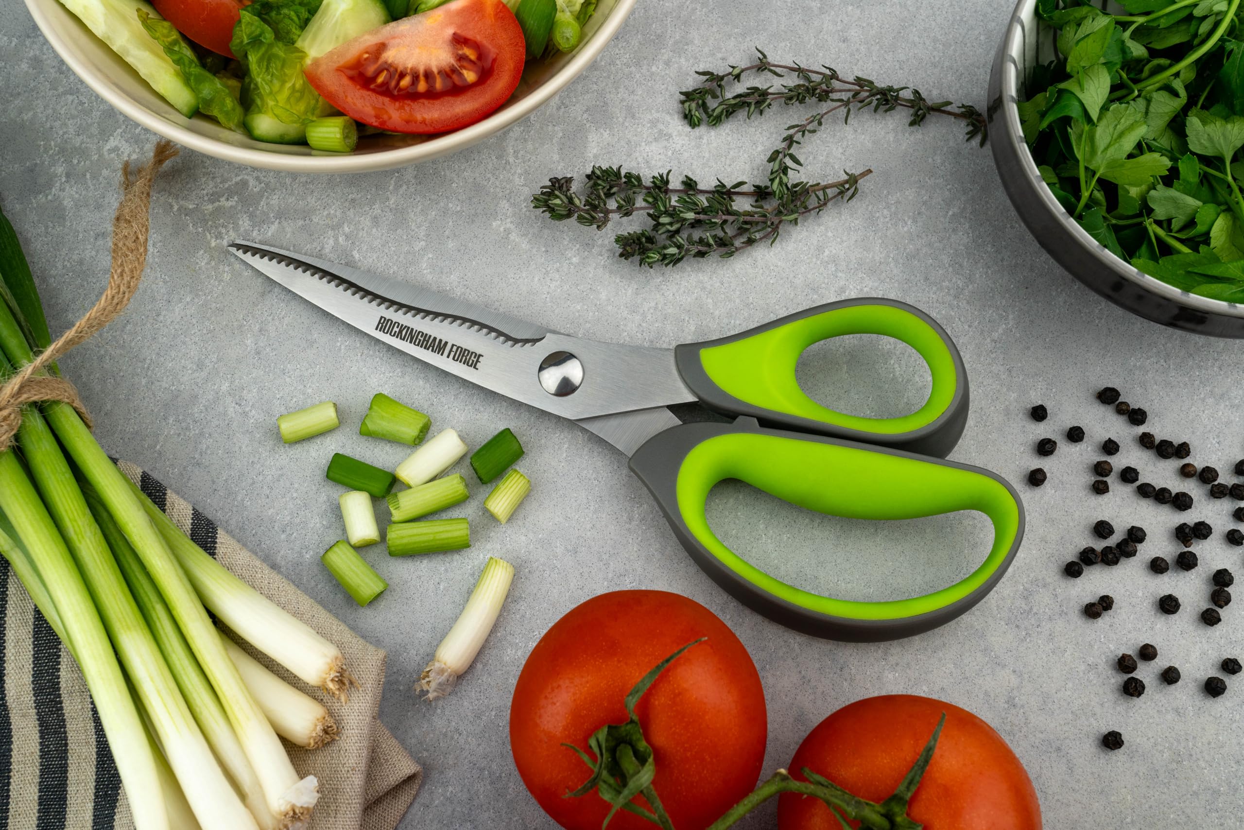 Rockingham Forge 2 Piece Sharp Kitchen and Household Scissor Set, Rust Resistant, Kinked and Curved 9CM Stainless Steel Blades, Nut Cracker and Bottle Opener, Green and Grey - Image 2