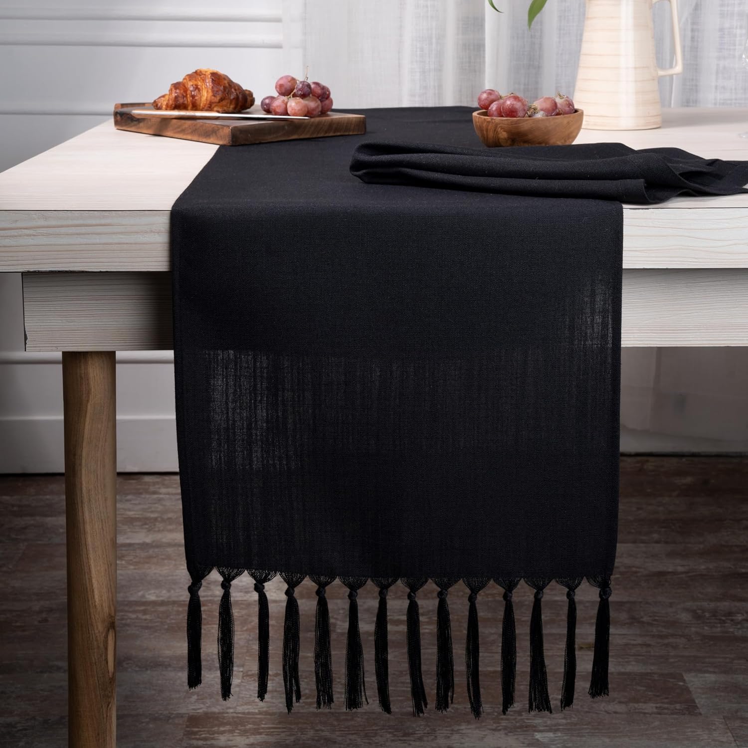 D'Moksha Black Table Runner 120 inches Long, Linen Table