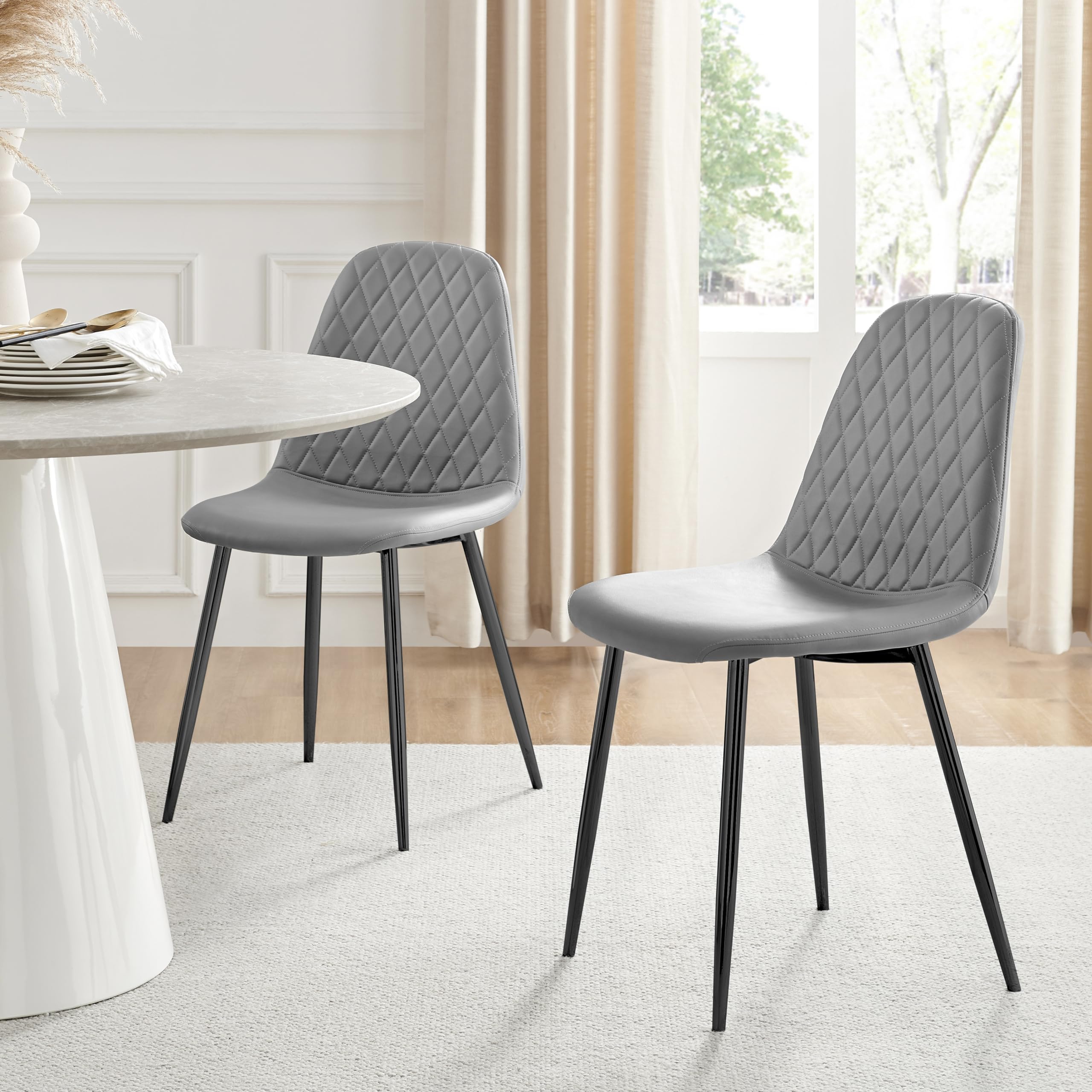 Dining Chair Set of 2 - Corona Elephant Grey Faux Leather and Black Leg Kitchen Dining Chairs