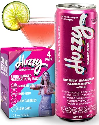 مشروبات Huzzy Smart Sips الخالية من الكحول - مشروب مستوحى من Berry Banger Margarita، كوكتيلات وظيفية خالية من الكحول - منخفضة السعرات الحرارية، منخفضة الكربوهيدرات، بدون سكر مكرر، كافيين وألوان صناعية - عبوة من 4 قطع
