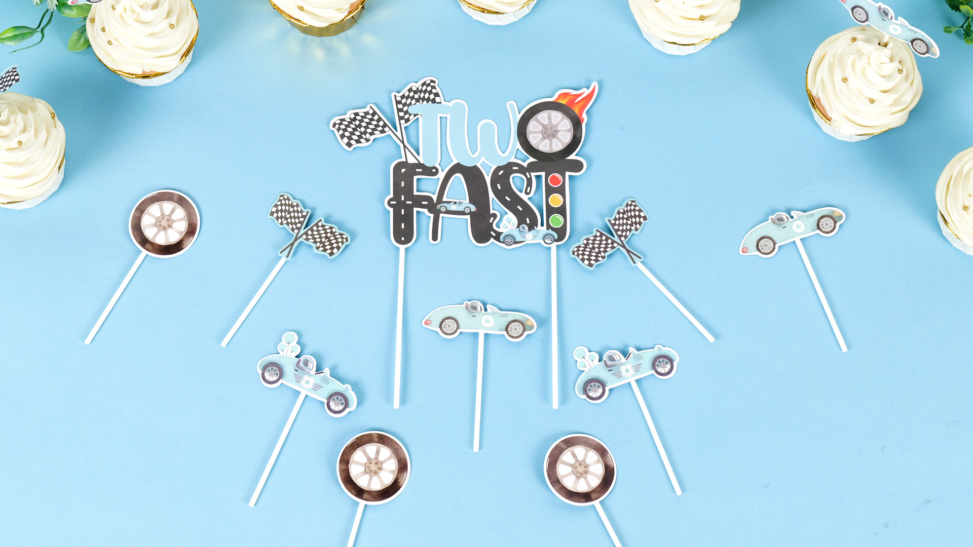Two Fast Two Curious Geburtstagsdeko – 25-teilig, Kuchen-Topper Mit Vintage-Rennwagen Für 2. Geburtstag Jungen
