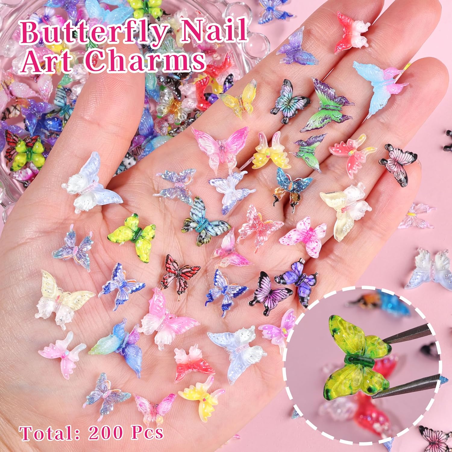 200Pcs 3D Butterfly Charms for Nails Pink Purple Small Butterfly Nail Charms Simulation Flatback Resin Accessories Spring Summer Manicure Cute Nail Decorations for Women Nail Art DIY Craft Supplies image 3