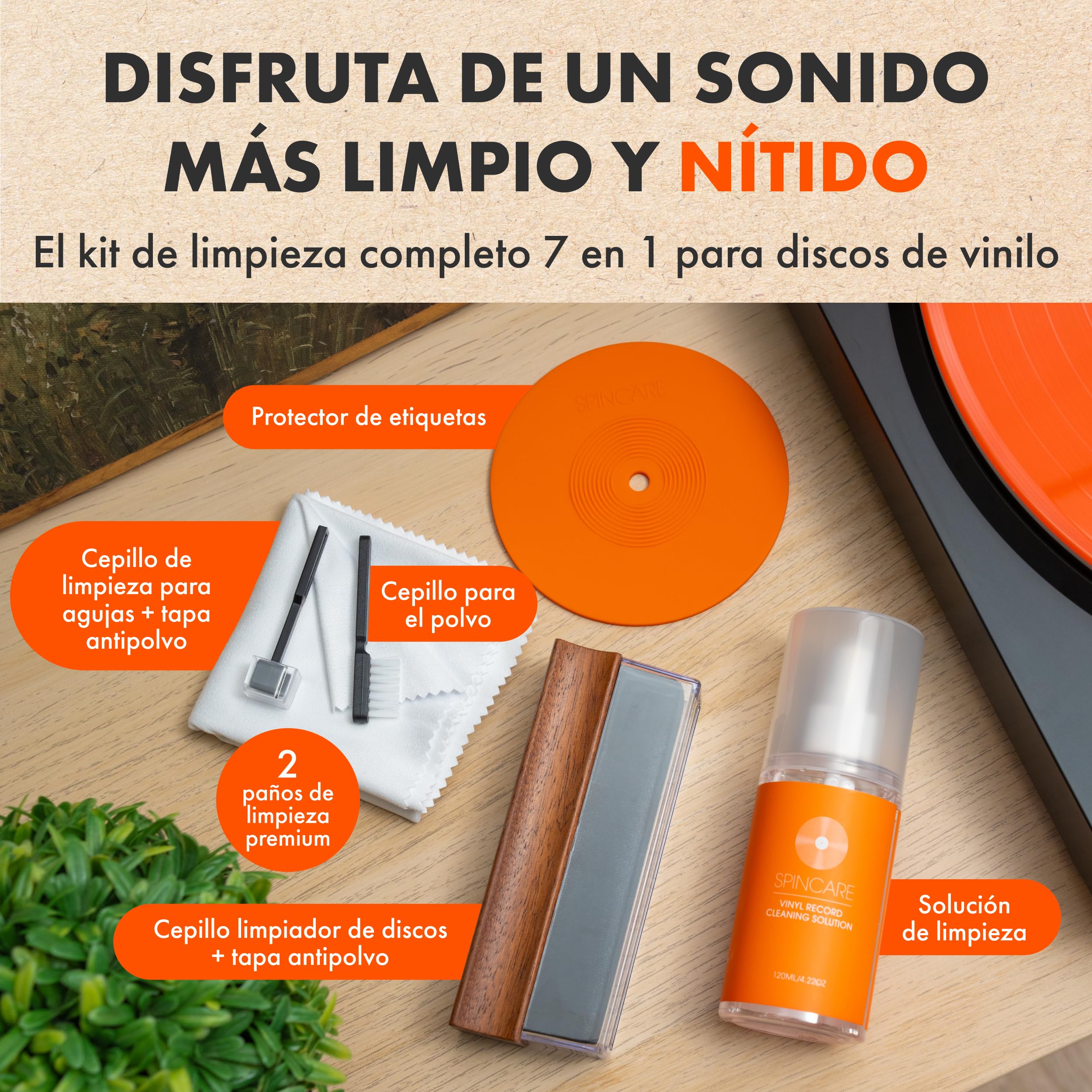 SPINCARE 7-en-1 Limpiador de Vinilos | Cepillo Velvet con Mango de Madera y Cubierta Antipolvo | Solución 120ml | Cepillo para Aguja y Cubierta Antipolvo | Protector de Etiqueta | Paños de Microfibra — view 2