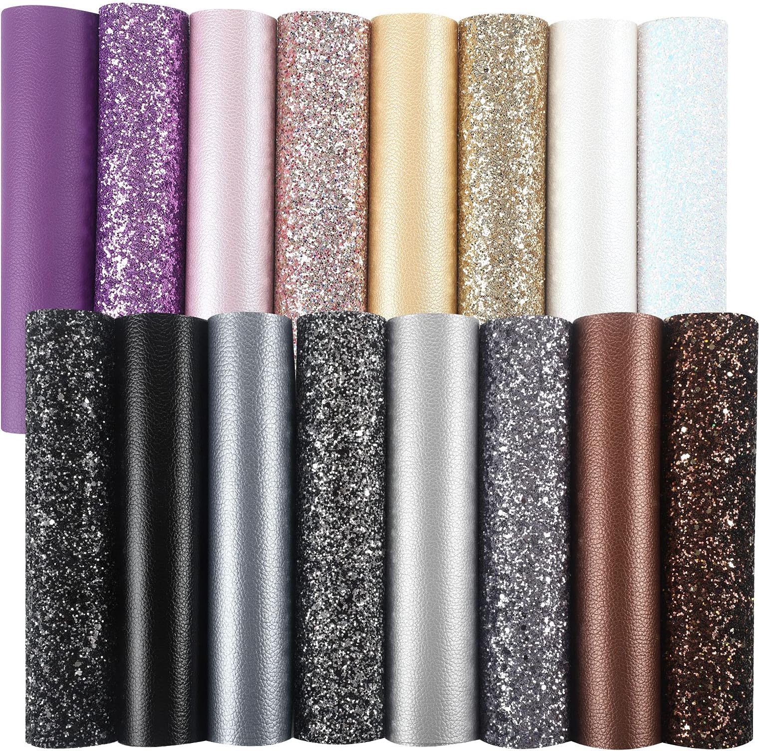 Picheng 16Pcs/Set 8.2x6inch Solid PU Synthetic Faux Leather Sheets Mixed Chunky Glitter& Soft Leather Fabric Sheets for DIY Craft Bows Earrings Making