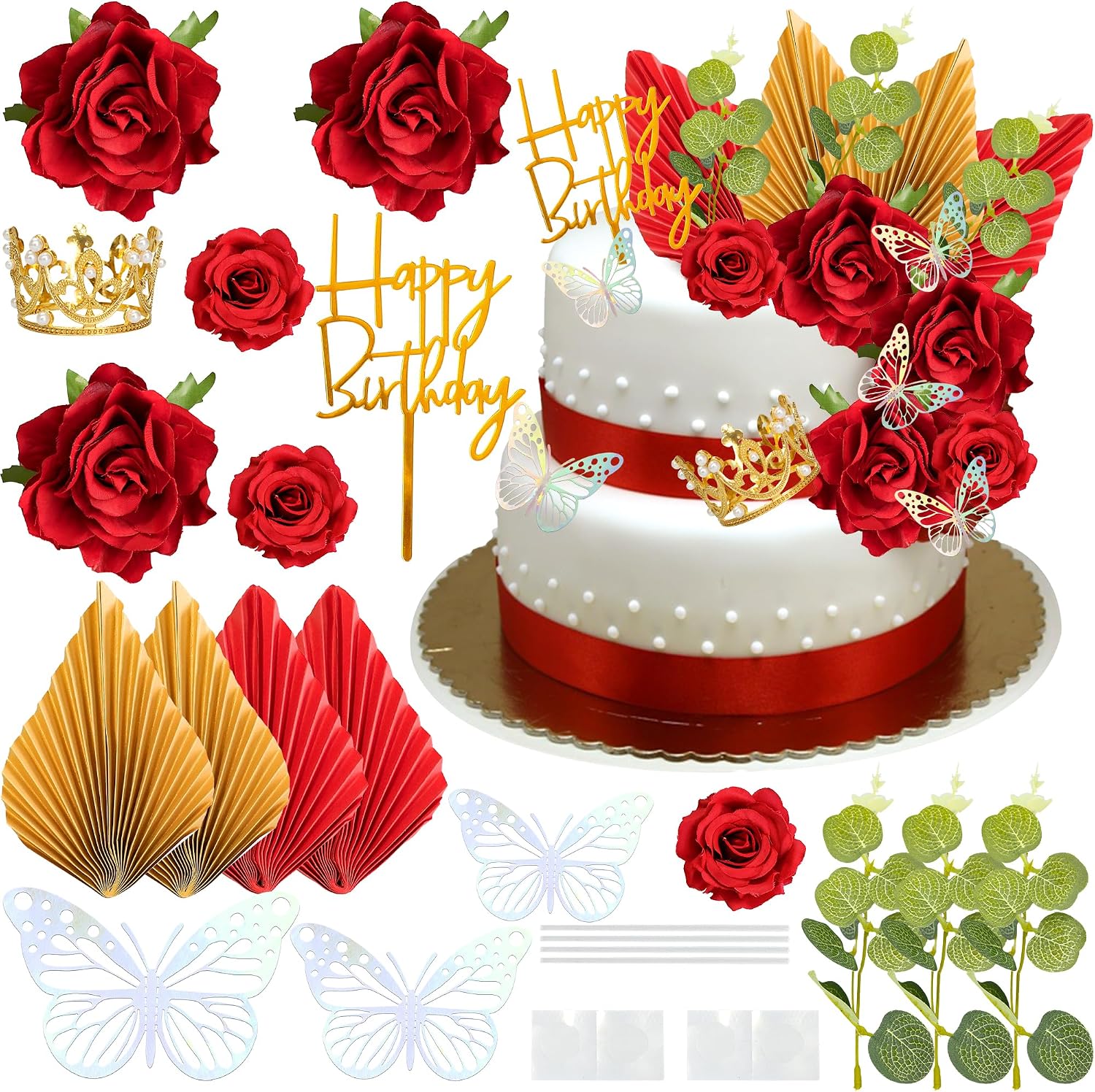 Ephlyn Rose Happy Birthday Cake Topper Decorations Butterfly Crown Palm Leaf Foam Ball Cupcake Picks for Valentine's Day Birthday Wedding Party DIY Cake Decorations Supplies Red Gold
