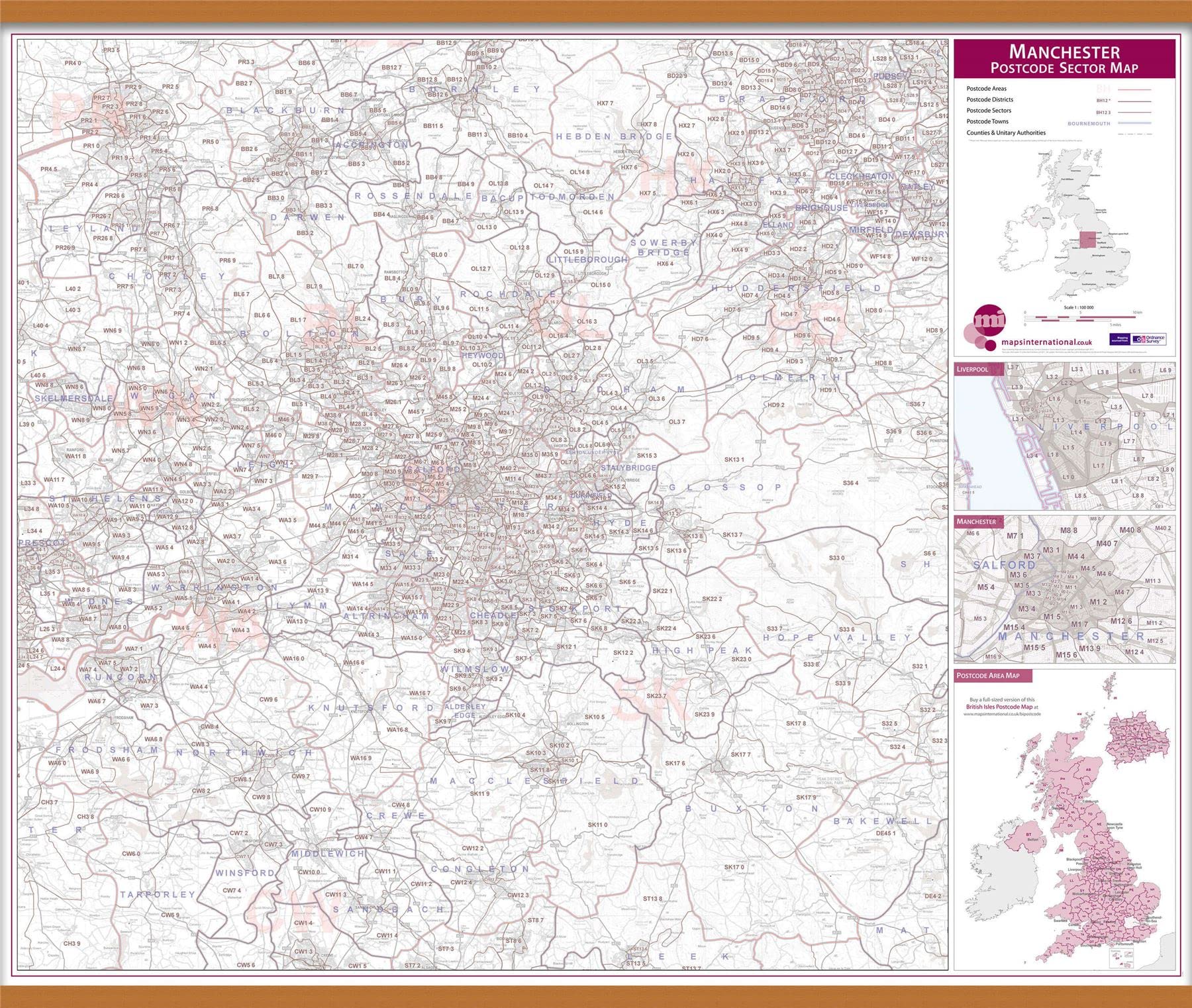 Manchester Postcode Sector Map (Wooden hanging bars)