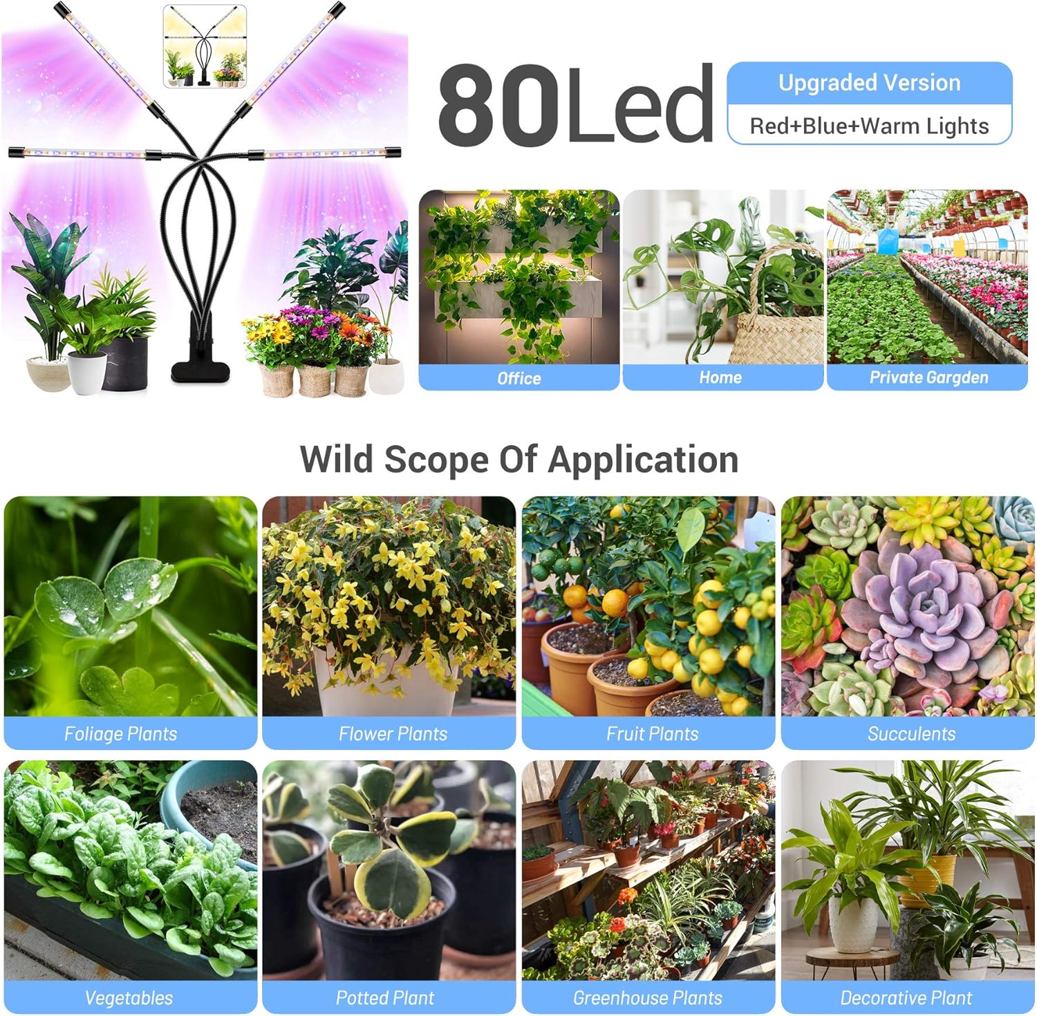 Grow Light for Indoor Plants Four Head LED Growing Light 80 LED Lamps Full Spectrum Plant Growing Lamps 3 Switch Modes 10 Brightness Settings for Indoor Plants Growth (No AC Adapter) : Patio, Lawn & Garden