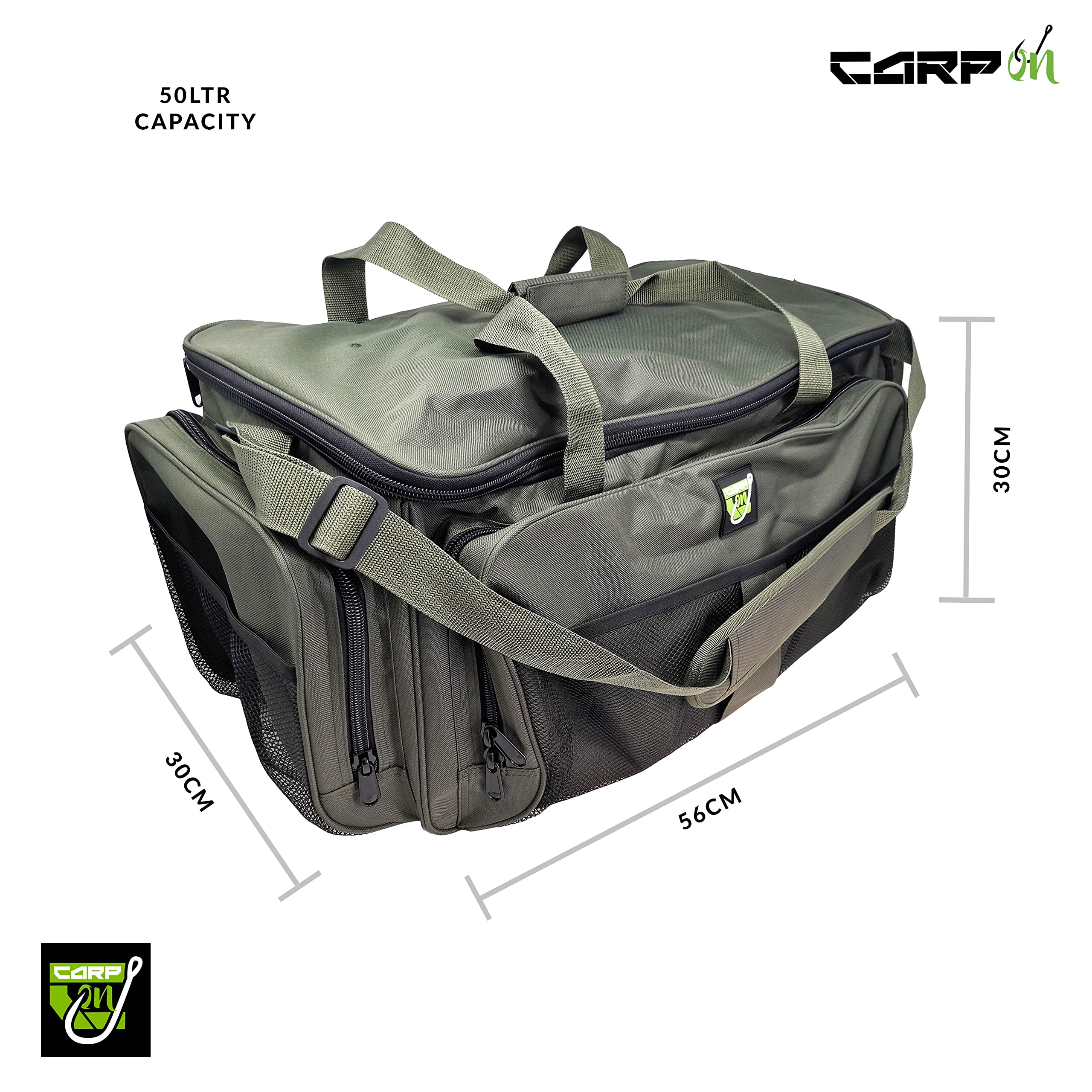 50 litros con aislamiento de cebo bolsa de almacenamiento para aparejos de pesca 900D (56x30x30 cm), compartimentos multiusos, bolsillos, Green, Mochila de senderismo