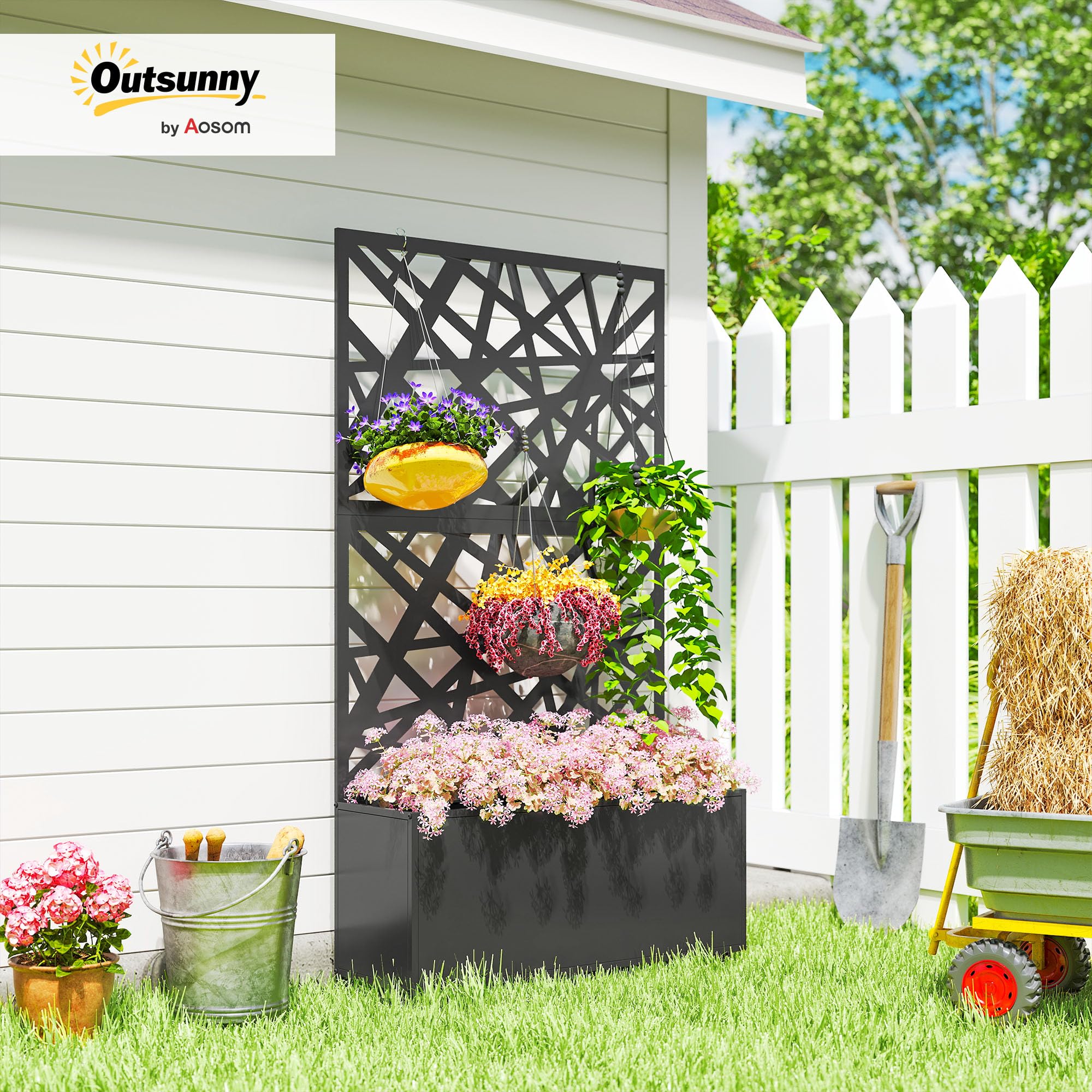 Outsunny Blumenkasten mit Sichtschutz Rankgitter 90 x 30 x 160 cm Schwarz | Pflanzkasten, Rolle, Pflanzkübel aus Metall, Blumenkübel, Rankkasten, Rankhilfe, für Garten, Balkon, Terrasse