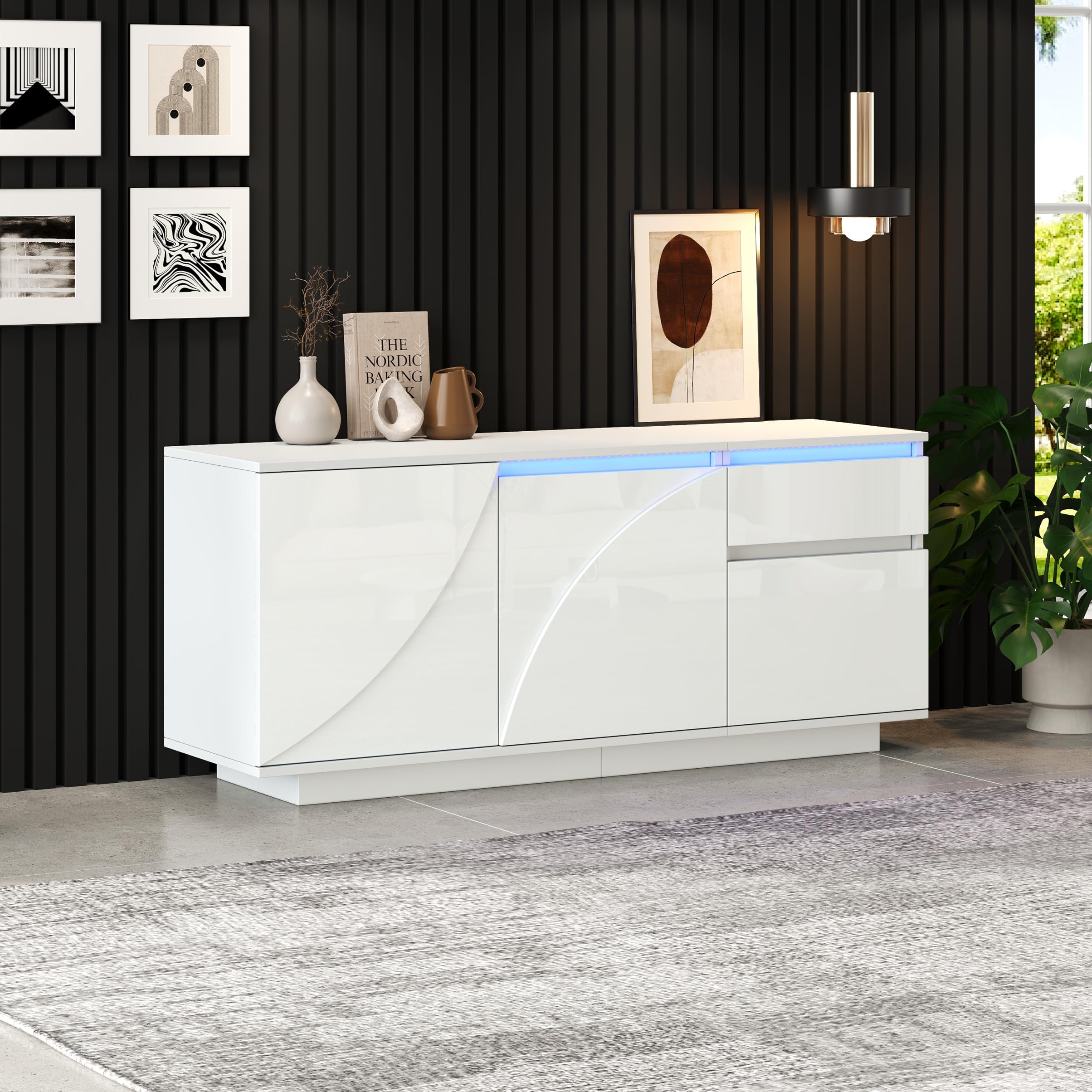 Hochglanz Sideboard Wohnzimmer mit 3 Schränken und 1 Schubladen, Buffetschrank mit LED-Lichtleiste, 140 * 40 * 60cm, Modern Wohnzimmerschrank für Schlafzimmer, Büros, Flur, Weiß