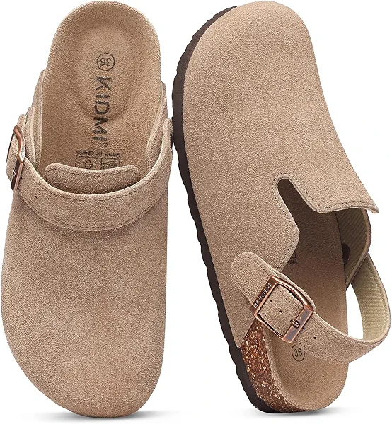 KIDMI Women's Suede Clogs with Back Strap Men's Leather Mules Cork Footbed Slip on Potato Shoes, Taupe 41