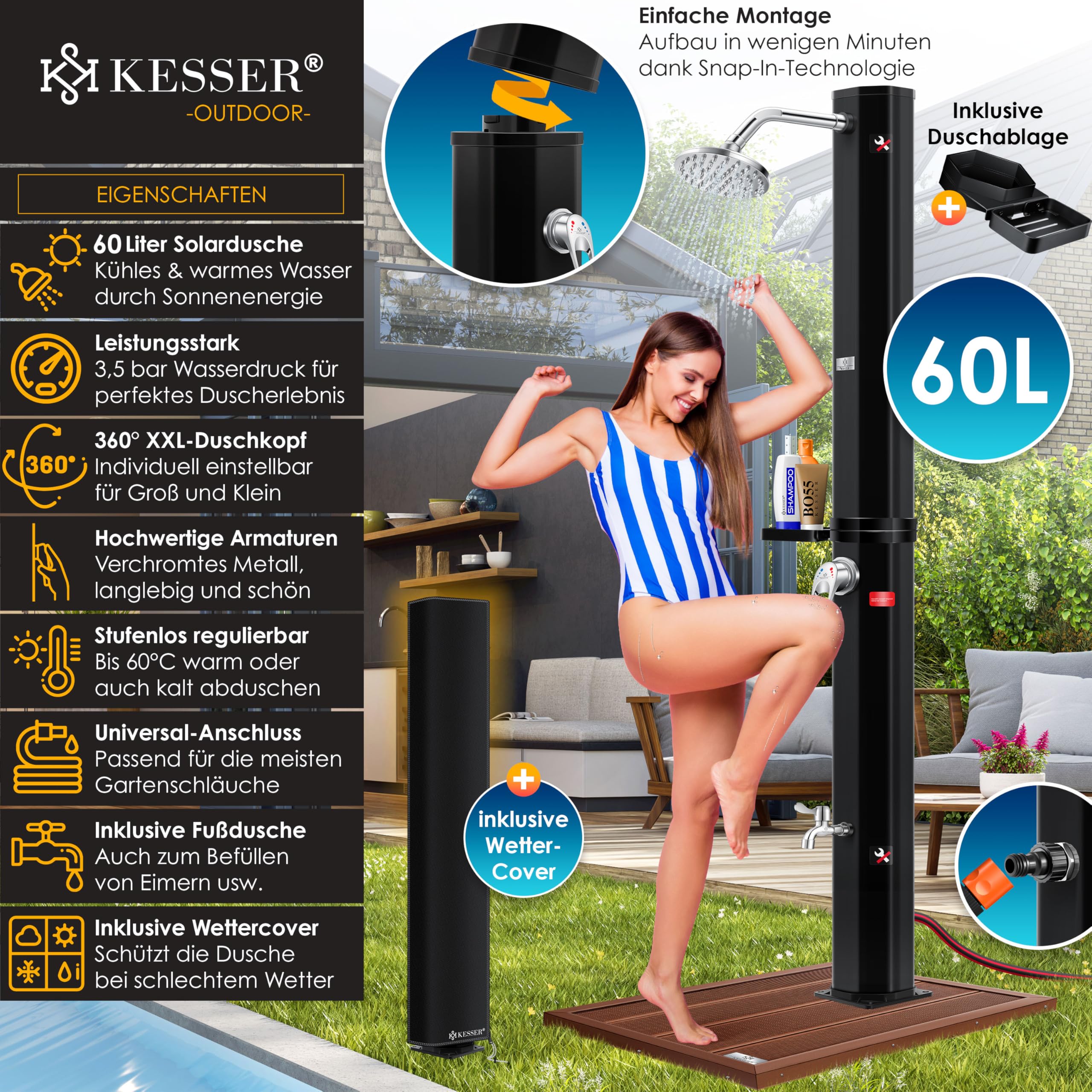 KESSER® Solardusche 60L Gartendusche, Solar Dusche für Garten & Pool mit warmem Wasser, Pooldusche ohne Strom, Regenduschkopf & Wasserhahn mit Gartenschlauch-Anschluss + Ablage, Schutzhaube