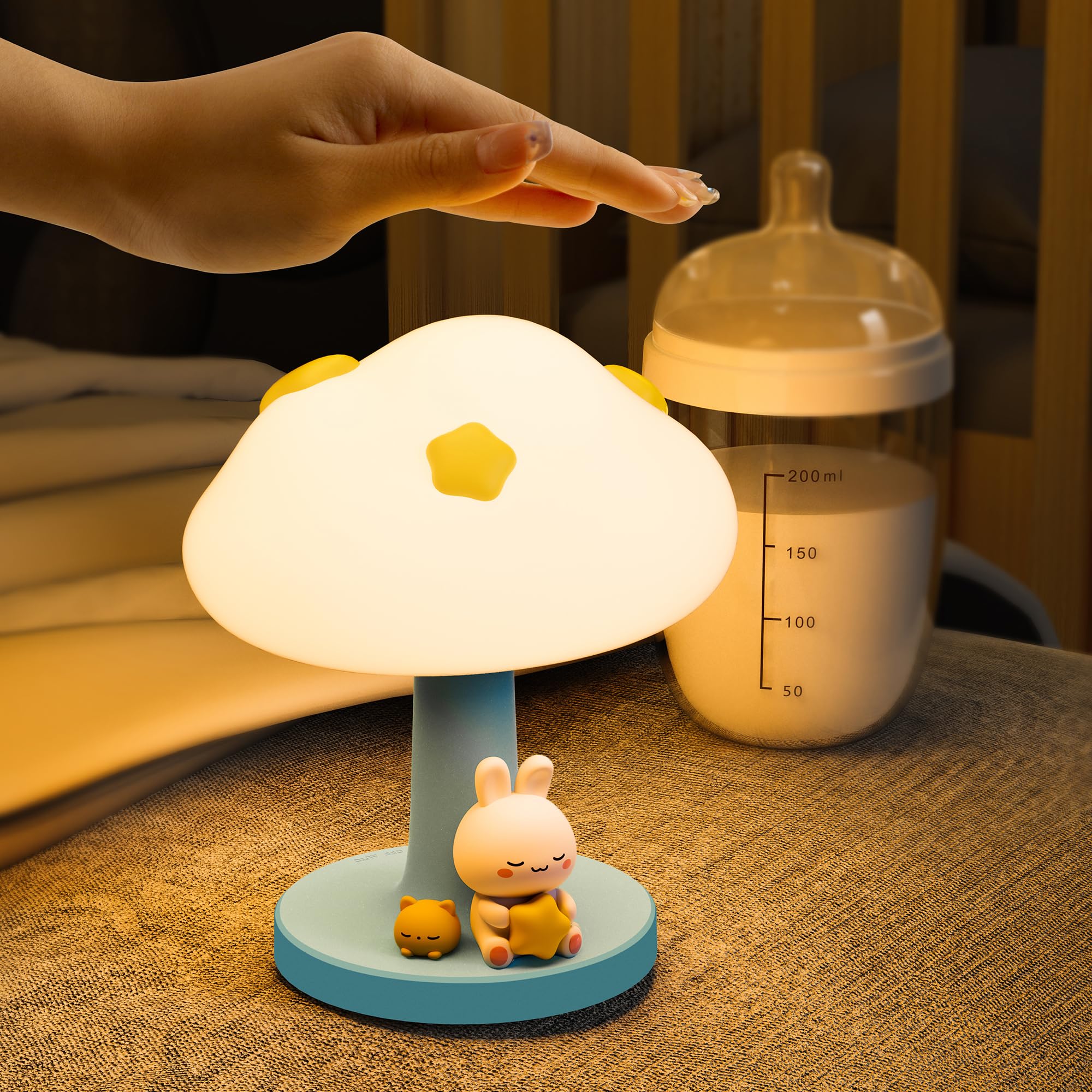Cloud and Bunny Wiederaufladbares Nachtlicht, Sicheres Weiches Silikonmaterial, 3 Helligkeitsstufen, Tap Control, Warmes Licht, Kleinkind Schlaflampe, Schlafzimmer Nachtlampe (Wolke und Hase)
