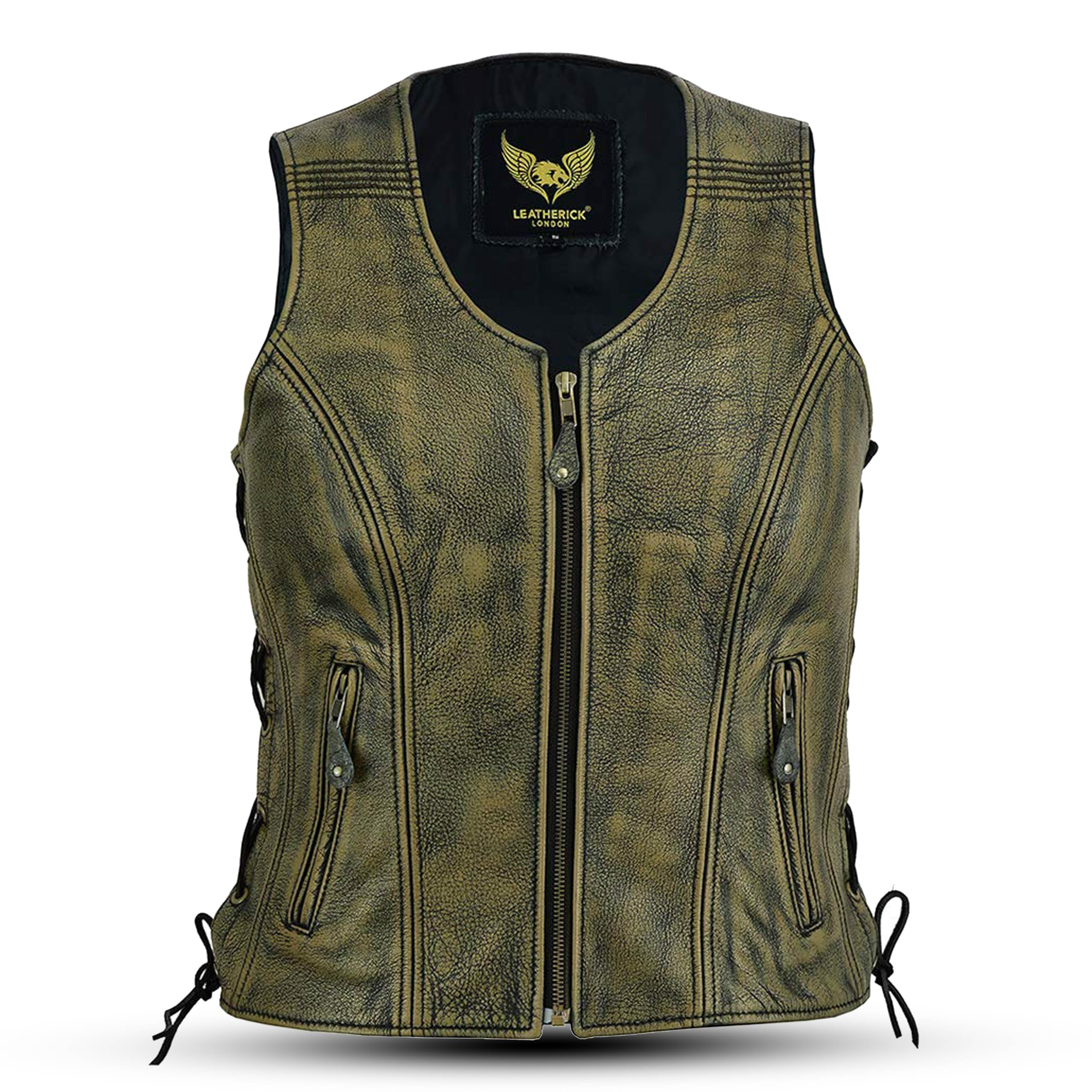 Leatherick Gilet in pelle vintage da donna senza maniche in vera pelle di bufalo marrone invecchiato, gilet/giacca