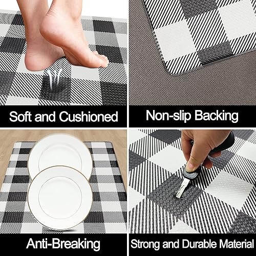 Miniatura 4 de Tapete de cocina, 2 unidades, acolchado, antifatiga, a cuadros, de 17.3 x 27.5 pulgadas + 17.3 x 47 pulgadas, tapete de cocina blanco y negro,