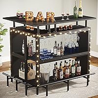 Tribesigns L-Shaped Home Bar Table with Stemware Racks, 2-Tier Shelves & Footrest - Black Corner Liquor Cabinet for Kitchen Pub