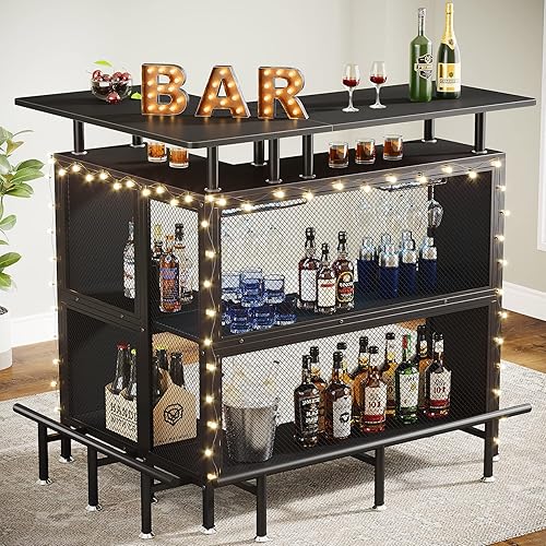 Tribesigns Home Bar Unit L-Shaped Liquor Bar Table with Stemware Racks and 2-Tier Shelves Corner Mini Bar Cabinet Coffee Bar Table with Footrest for