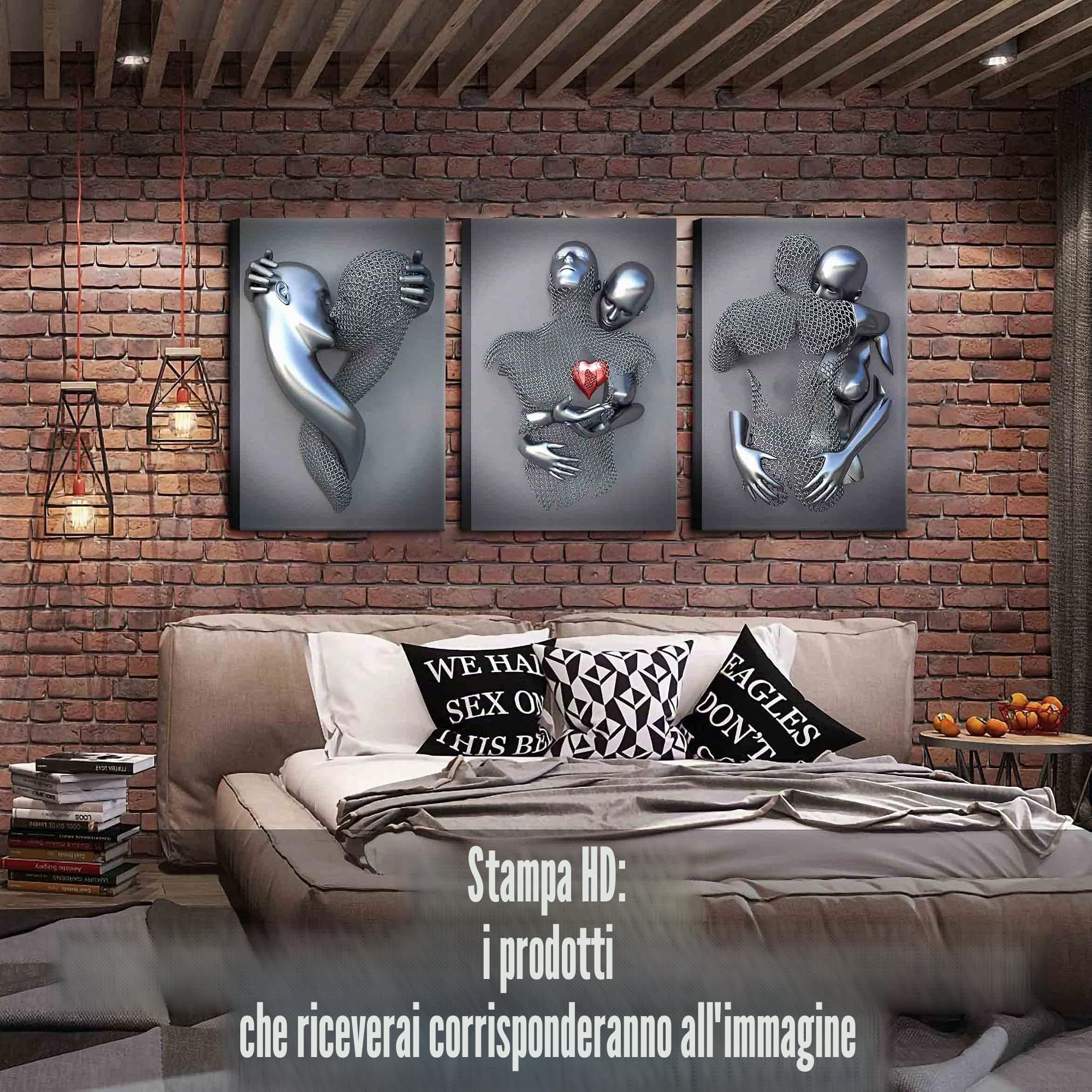 Arte da parete con cornice per camera da letto effetto metallo 3D amore cuore coppia decorazione artistica da parete per soggiorno 3 pezzi stampe moderne astratte grigio nero e bianco su tela poster