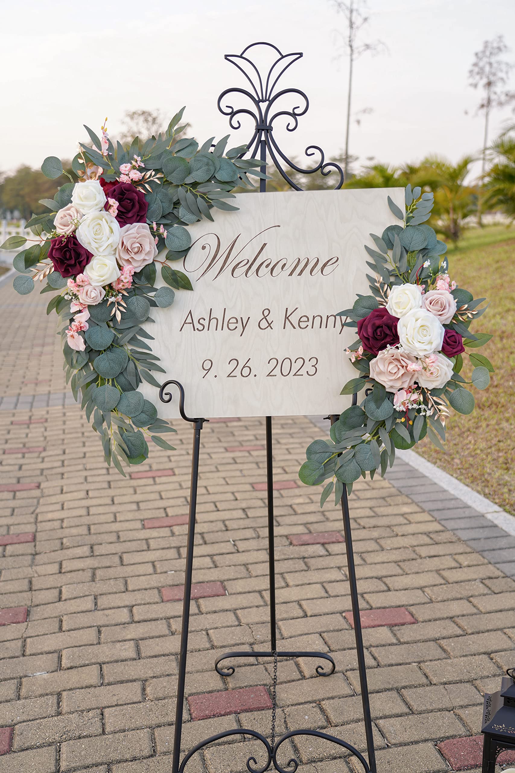 ponatia Wedding Arch Flowers (Pack of 2), Artificial Burgundy Wedding Flowers for Wedding Welcome Signs Decorations and Arch Flowers for Wedding Ceremony Reception (Burgundy & Nude & Ivory)