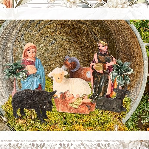 Miniatura 7 de Juego de 27 figuras de belén de Navidad, incluyendo bebé Jesús, estatua de la familia sagrada, modelo, árbol, musgo seco para mesa, decoración del