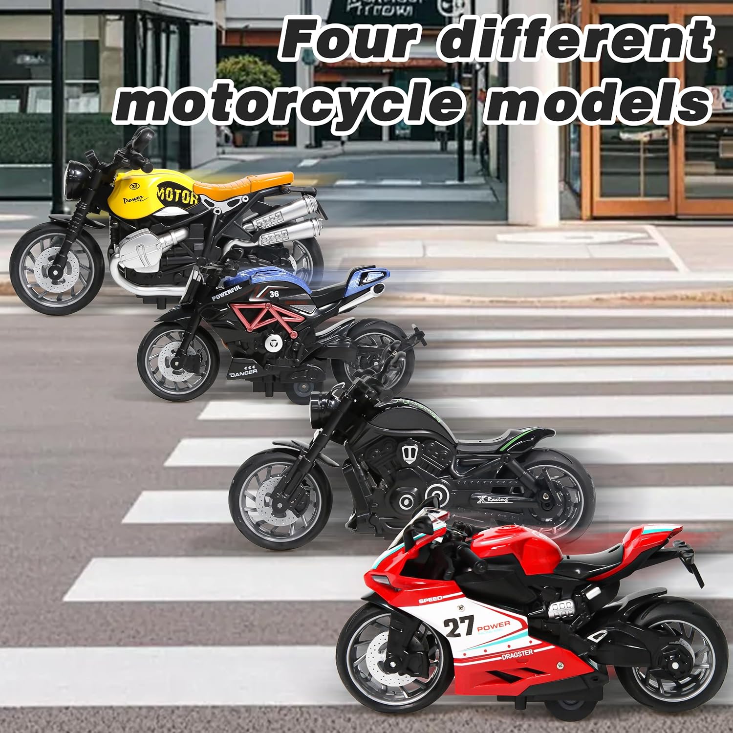 Alloy Metal Diecast Motorcycle Toy Set, 4 Pack of 1:12 Scale Die-Cast Motorcycles Model with Light&Sounds, Pull Back Function Toy Moto Bike for Kids Boys Girls and Collectors Ages 3 and up