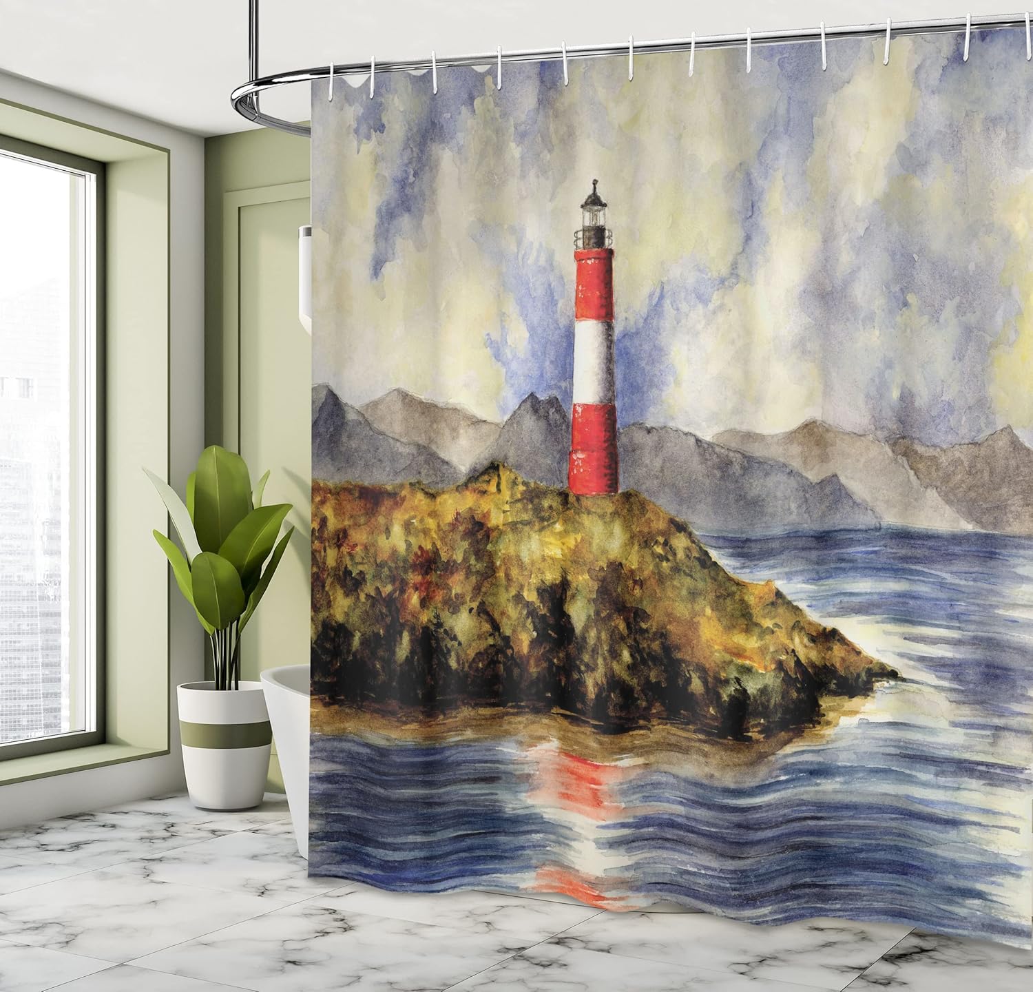 Ambesonne Lighthouse Shower Curtain, Les Eclaireurs Lighthouse Coastline Seashore Mountains Cliff Painting Effect, Cloth Fabric Bathroom Decor Set with Hooks, 69" W x 70" L, Blue Red Green