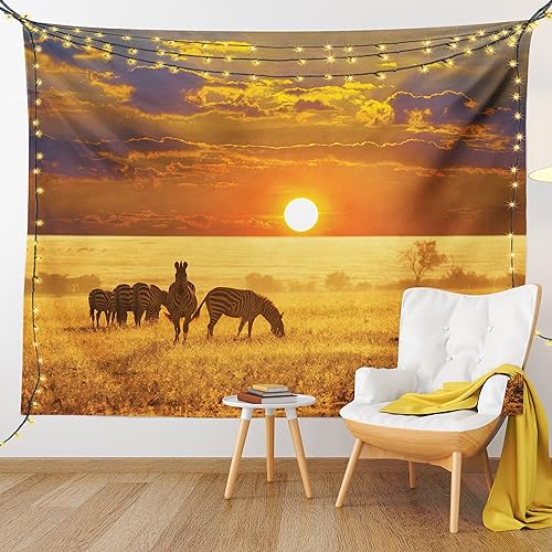 Miniatura 9 de Ambesonne Tapiz africano, cebras en el territorio de la sabana occidental al atardecer, horizonte, tropical, impresión de paisaje, para colgar en la
