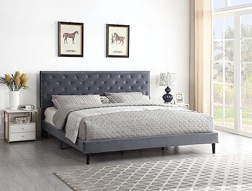 Miniatura 9 de Base de cama de plataforma tapizada completa con cabecero ajustable de 48 pulgadas de alto, cama de terciopelo de gamuza copetuda con botones,