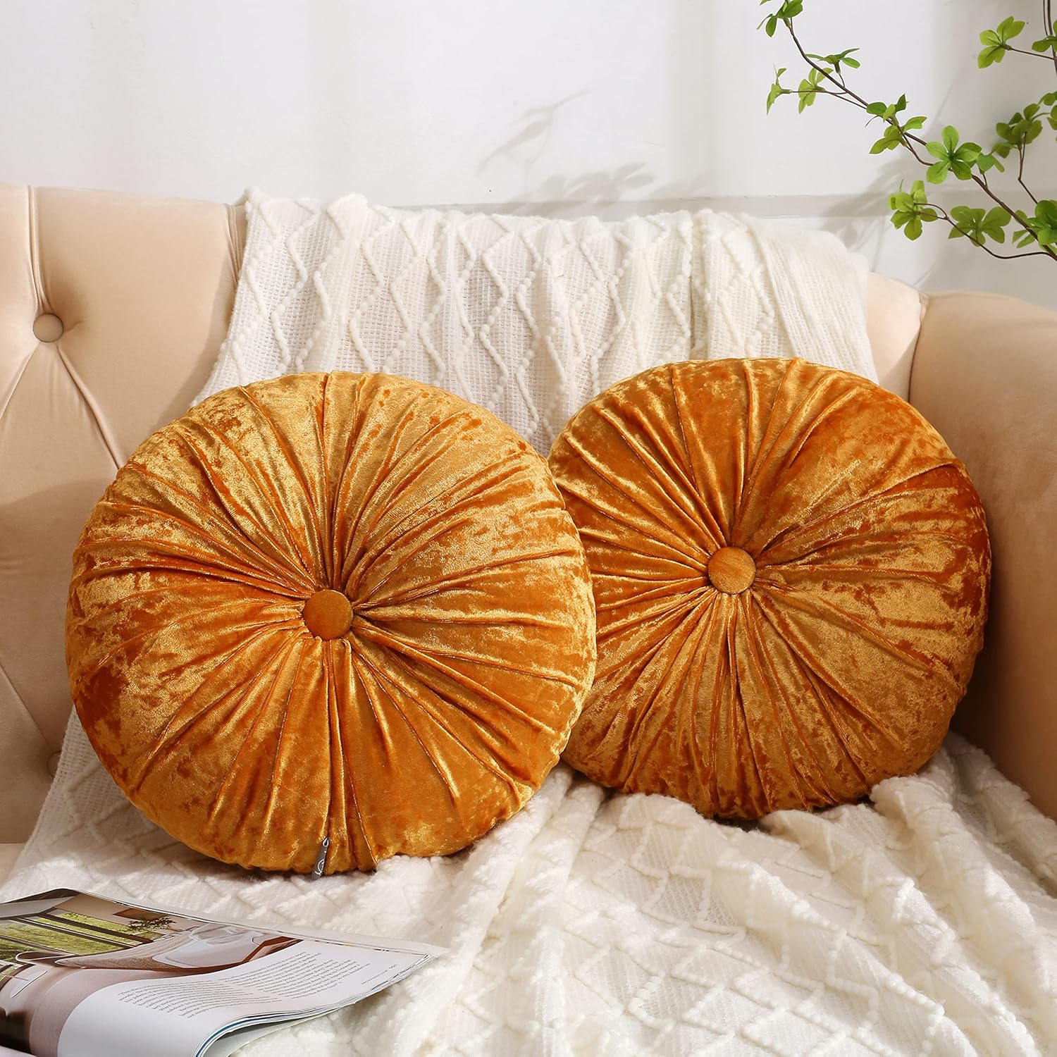 Verpert Pack 2：Round Floor Cushions Pillow, Solid Color Velvet Meditation Cushion Pumpkin Pleated Meditation Pillow for Home Sofa Bed Car Decor Floor Pillow Cushion Gold