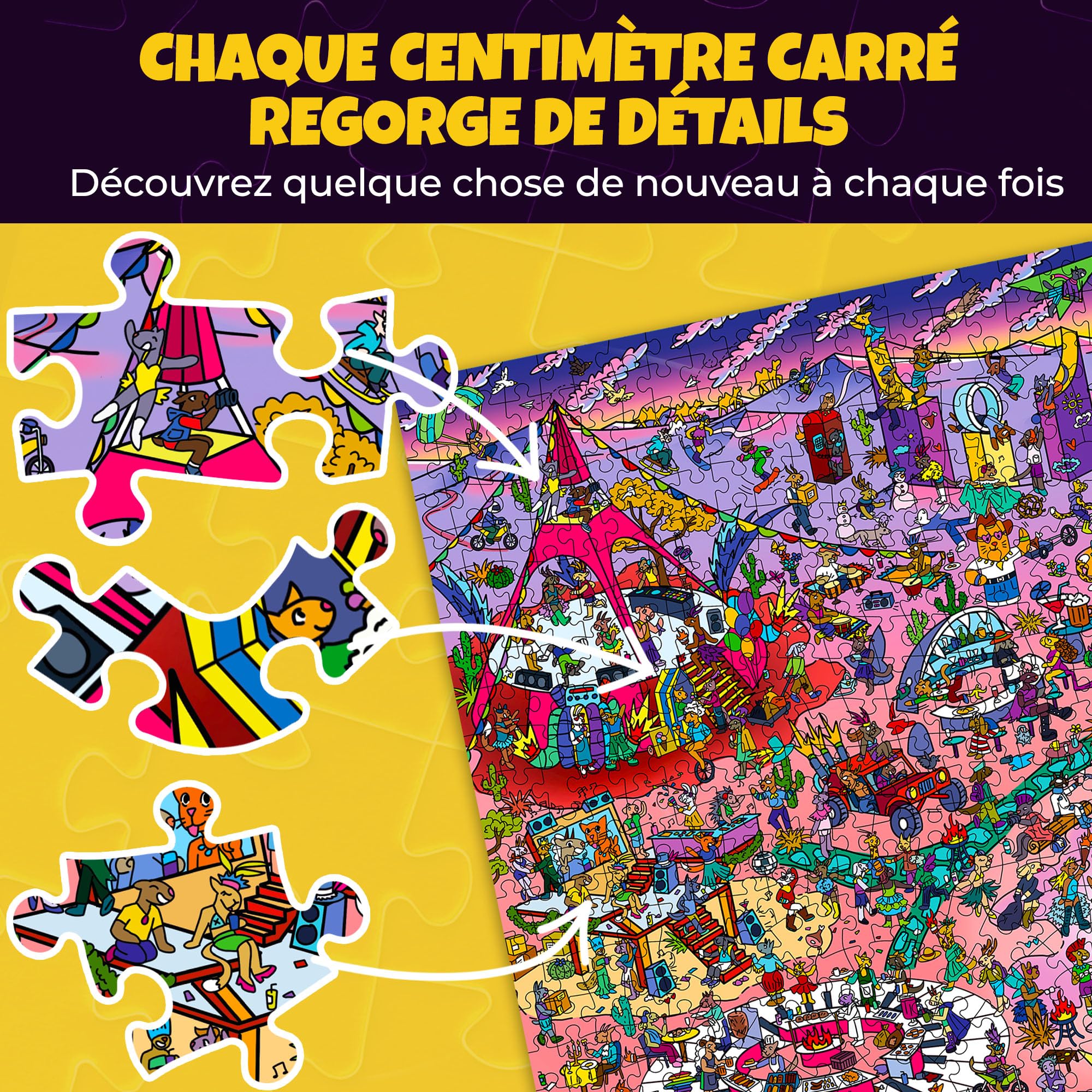 Puzzle 1000 pièces Adulte – Puzzles de 1000 pièces pour Adultes | Lot de 3 puzzles en coffret premium – Desert Whirl, Galactic Tails, Hotel Wildeluxe – Défis – Superbes scènes d’animaux et de