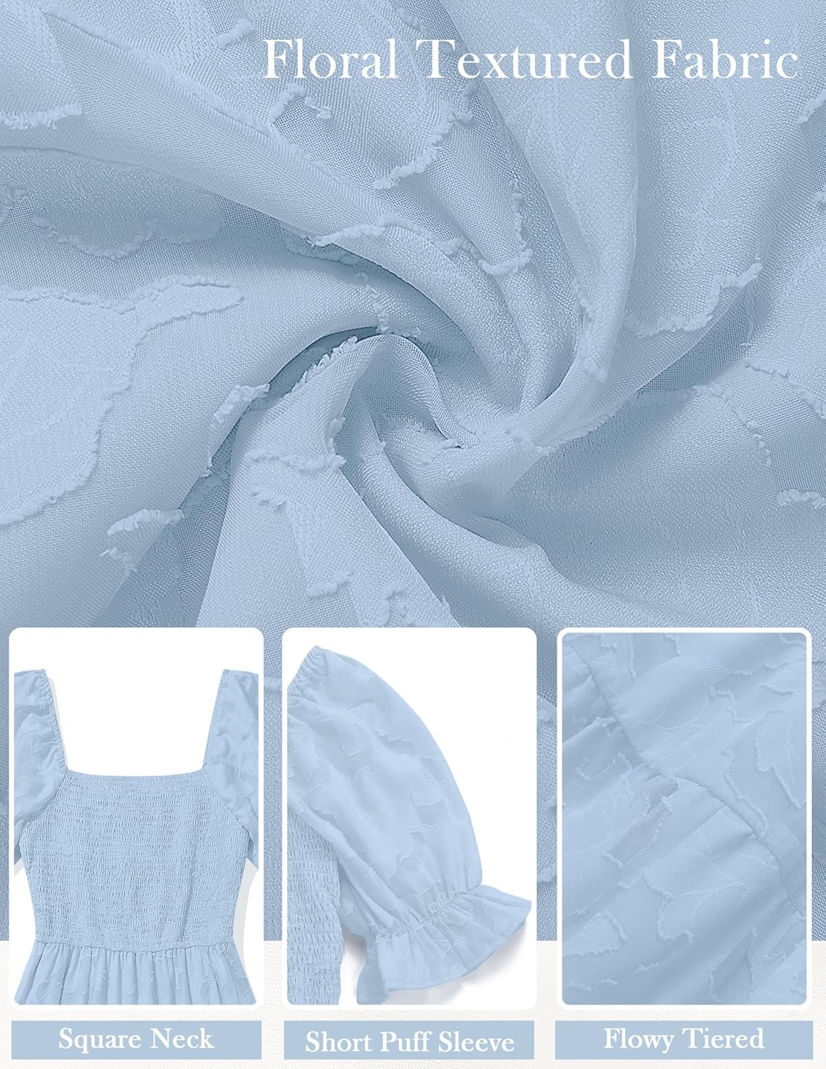 MEROKEETY Womens 2025 Summer Short Puff Sleeve Smocked Square Neck Floral Textured Tiered Midi Dress - Image 6