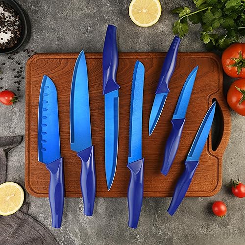 Miniatura 2 de LIFVCNT Juego de cuchillos de cocina profesionales azules de 7 piezas, juego de cuchillos de carne dentados, juego de cuchillos de chef de acero