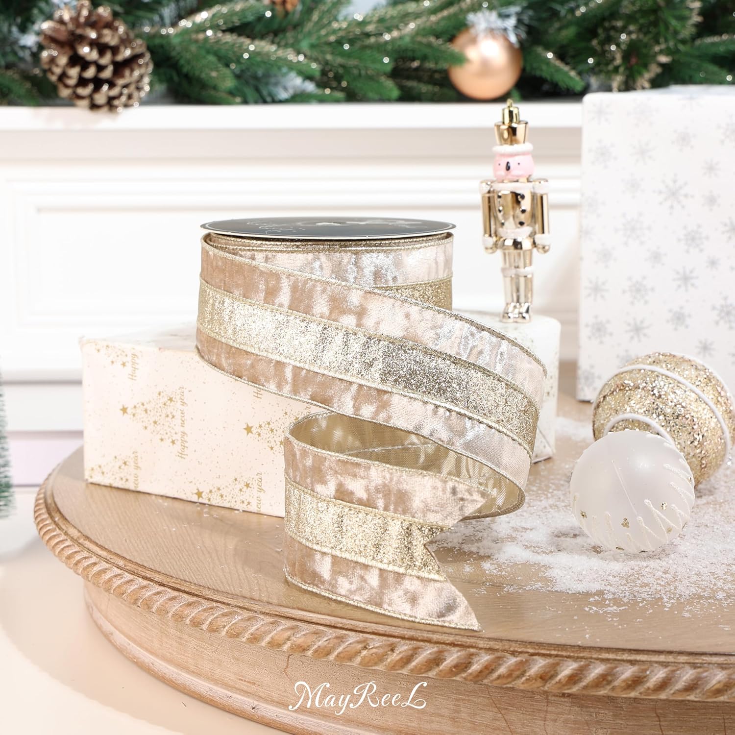MAYREEL Champagne Crushed Velvet Wired Ribbon 2.5 Inch Extra Wide Christmas Ribbon with Champagne Gold Glitter Stripe, 10-Yard Roll for Christmas Tree, Wreaths, Bows & Elegant Holiday Décor