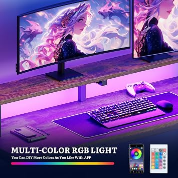 YITAHOME Computer Desk with Power Outlet LED Light 137cm Vintage Brown