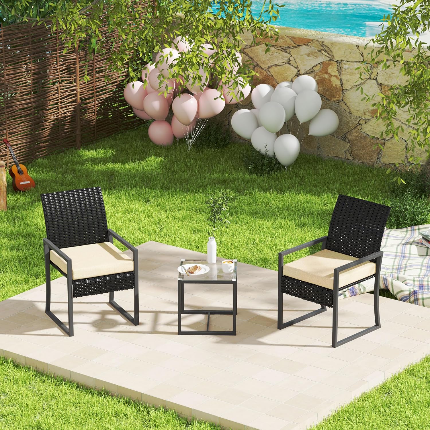 3 Pieces Patio Furniture Set,Wicker Rattan Chairs for Garden Backyard Balcony Porch Poolside, Set with Glass Table and Soft Cushions (Black+Beige)