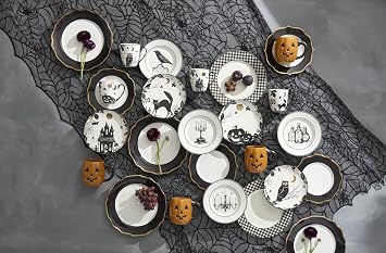 Lenox Dinnerware, Vintage Halloween Haunted Accent Plates, Assorted, Set of 4, Porcelain, Dishwasher & Microwave Safe, Halloween Decor Indoor, Spooky Decorative Plates for Home (Black/White, 4 Piece)