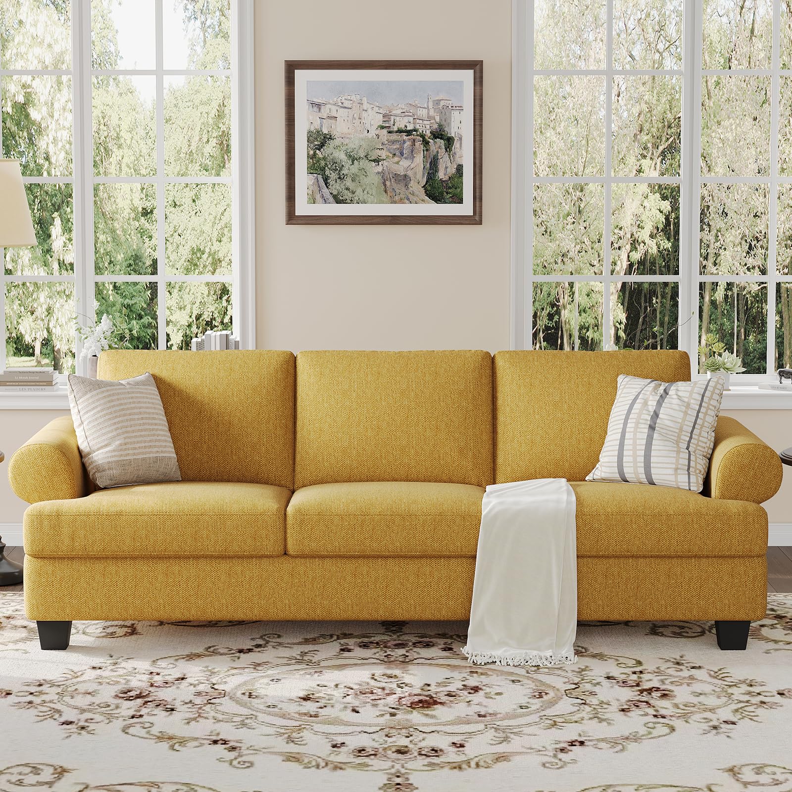 COPIAE 91 Inch Lawson Sofa with Extra Deep Seats Oversize, Mid-Century 3-Seat Sofa Couch, for Living Room, Apartment, Lounge, Yellow