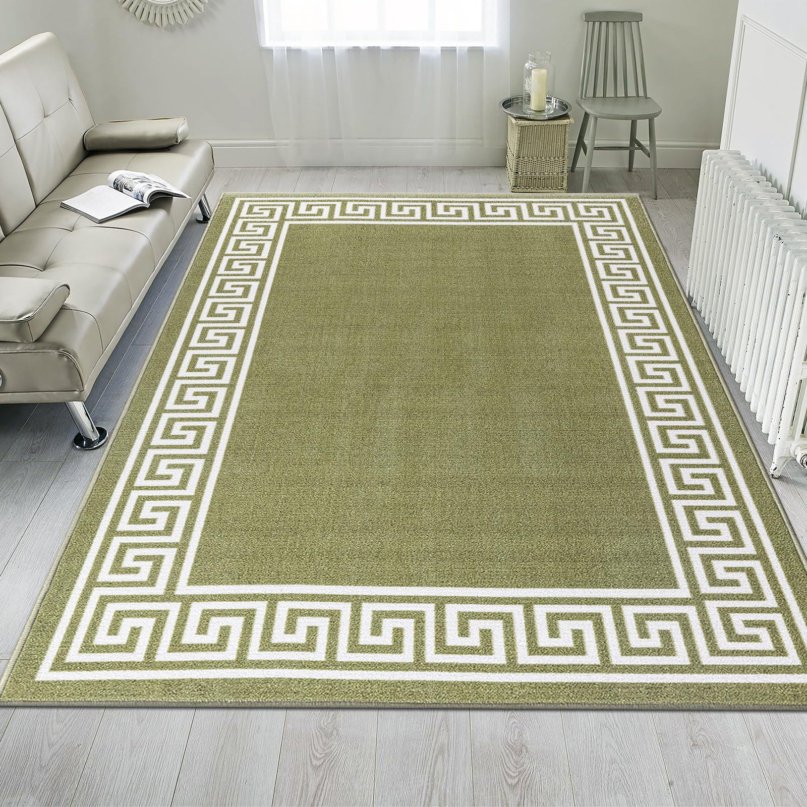 renoazul® Rugs for Living Room with Large Heavy Duty, Non-Slip and Washable, Geometric Non-Shed Low Pile Bedroom Decor, Kitchen and Hallway Anti slip Rug | 160 x 230 cm, Greeky Rug - Green & Cream