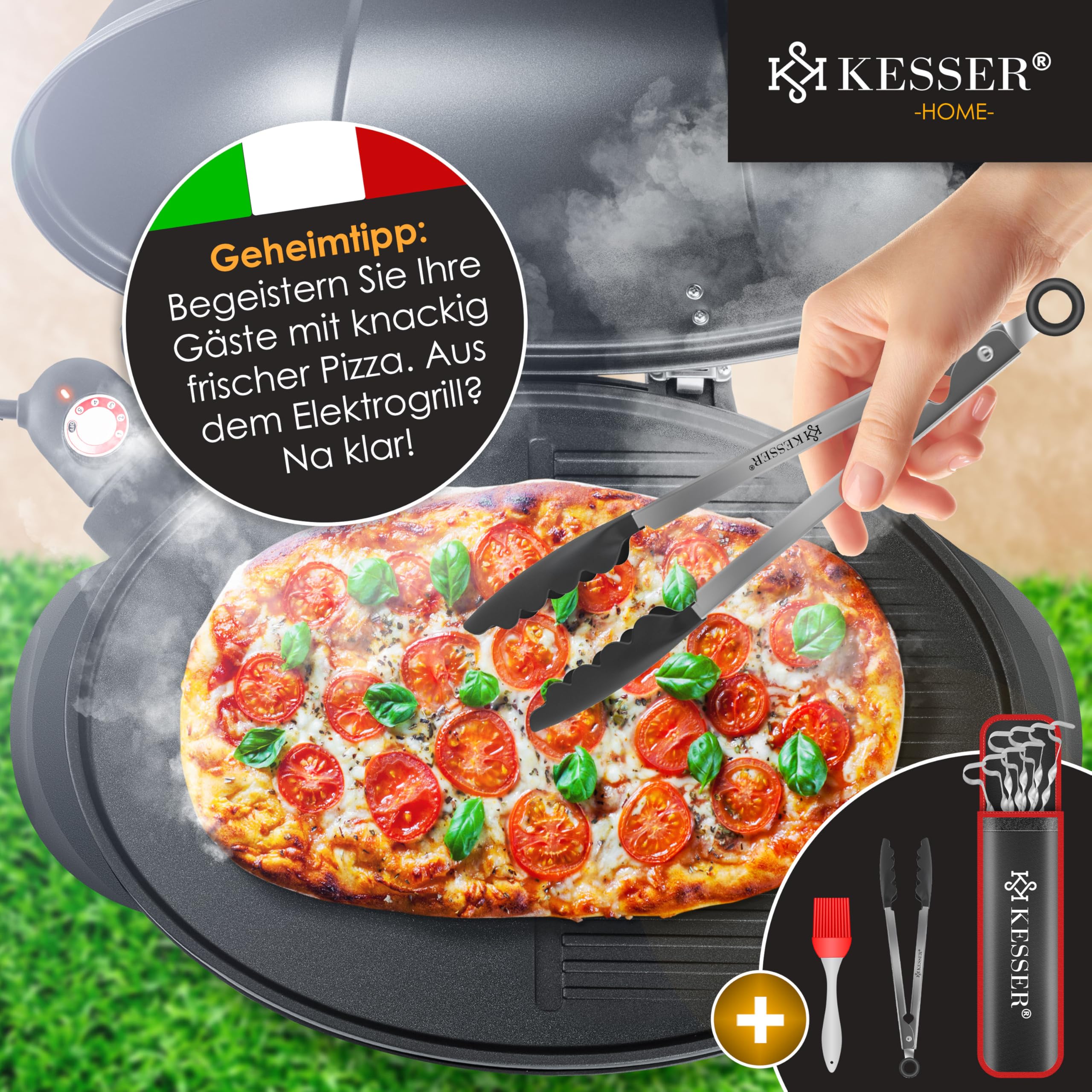 KESSER® Barbecue électrique 2 en 1, sur pied, couvercle, thermomètre, 2400 W, revêtement antiadhésif, plaque de cuisson XXL, rangement intégré