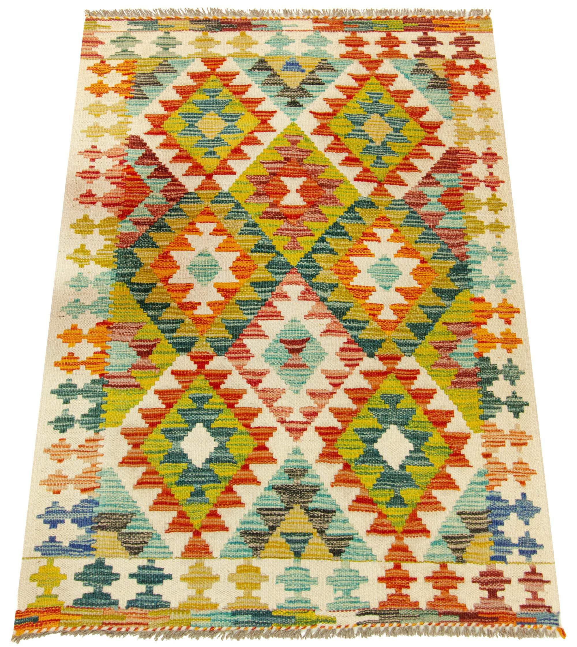 Kilim Tapis 100 % laine 117 x 81 cm, fait à la main, pièce unique de style Herat Boho multicolore, tissage plat, tapis d'entrée et chambre