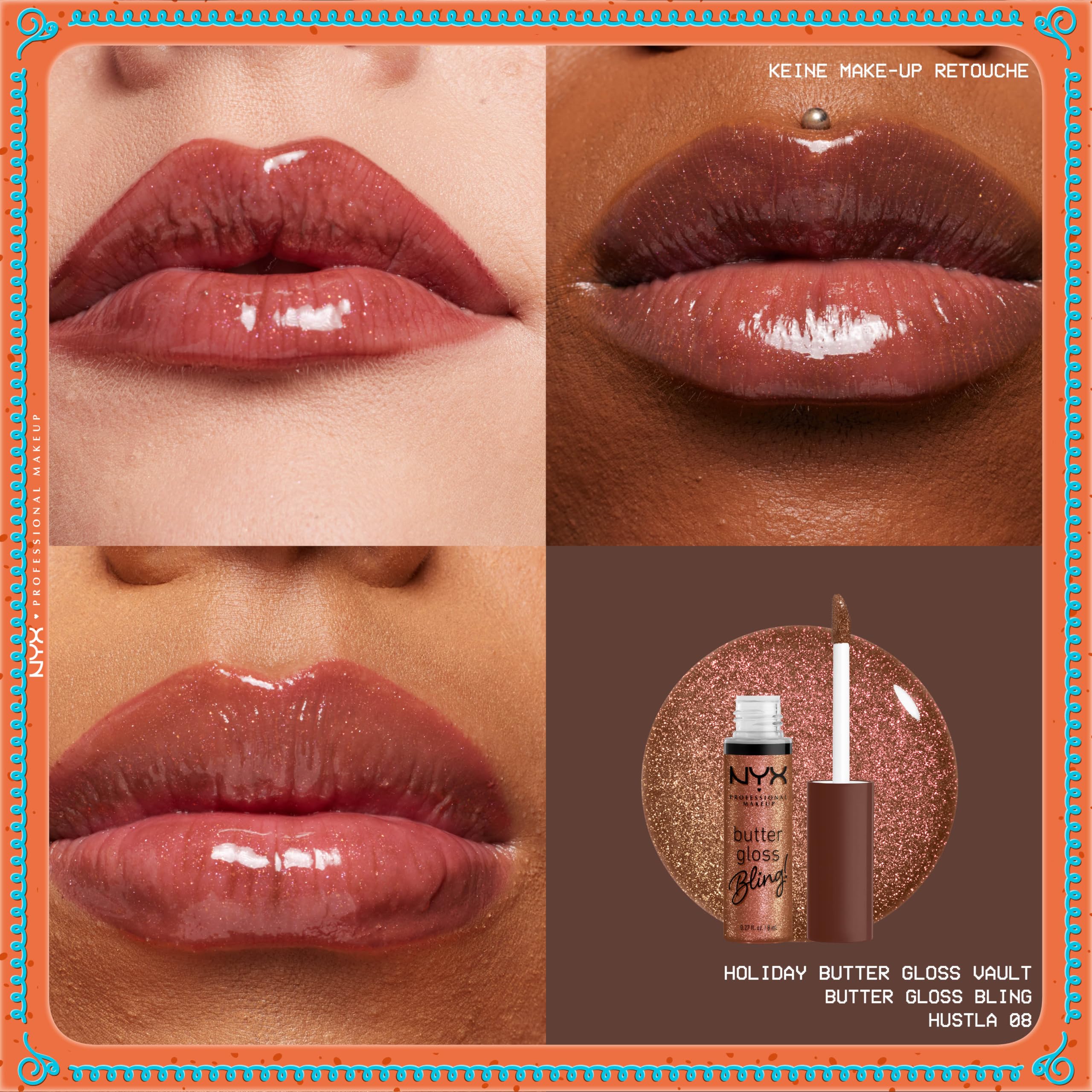 NYX Professional Makeup Butter Gloss Vault Lipglosse in Schneeflocken-Optik, Mit glänzendem Finish und nicht klebriger Formel, Butter Gloss Vault, 10 Stück