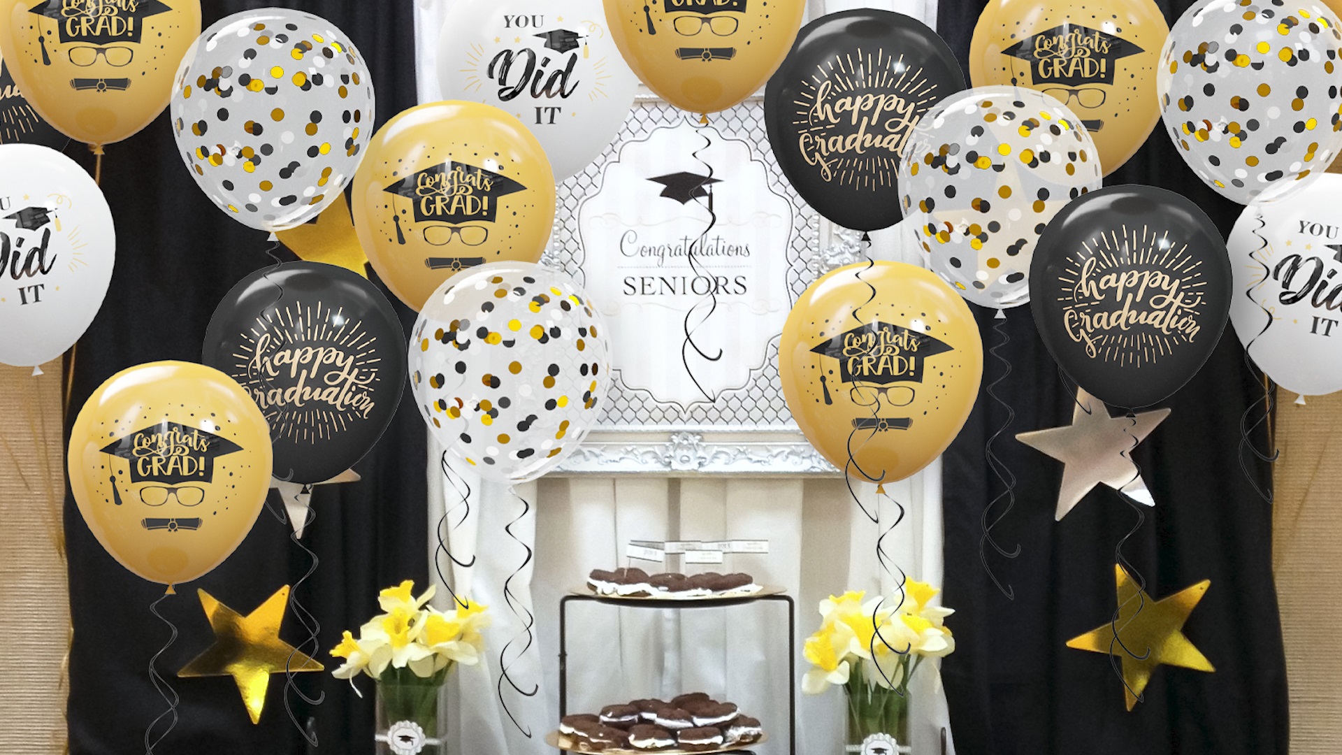 Graduation Cap Star Balloons - Black Silver Gold Congrats Grad Decorations (2 Pack)