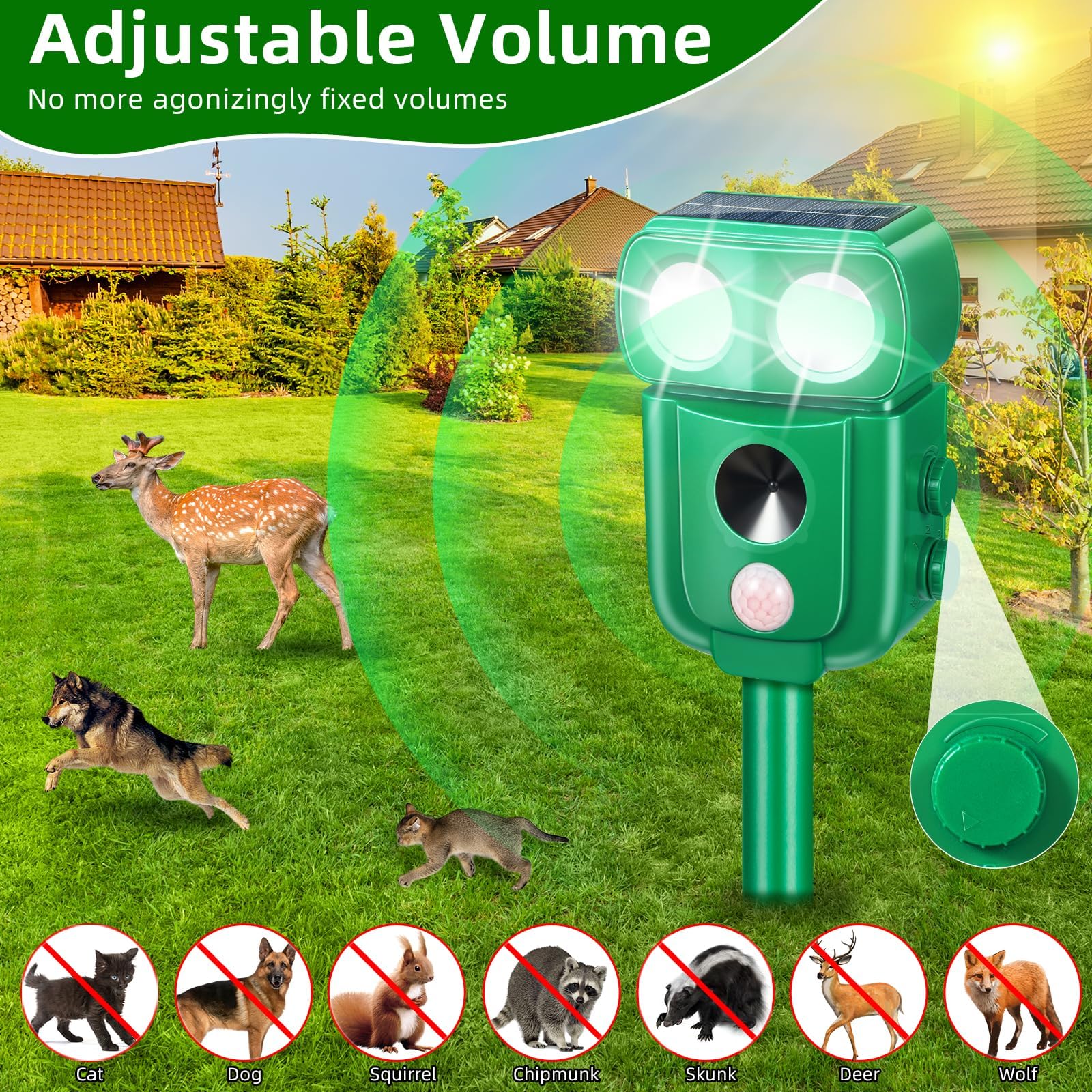 Répulsif pour chats, répulsif à ultrasons à énergie solaire IP66 étanche à fréquence réglable pour éloigner les animaux, 5 modes réglable, répulsif pour animaux à ultrasons