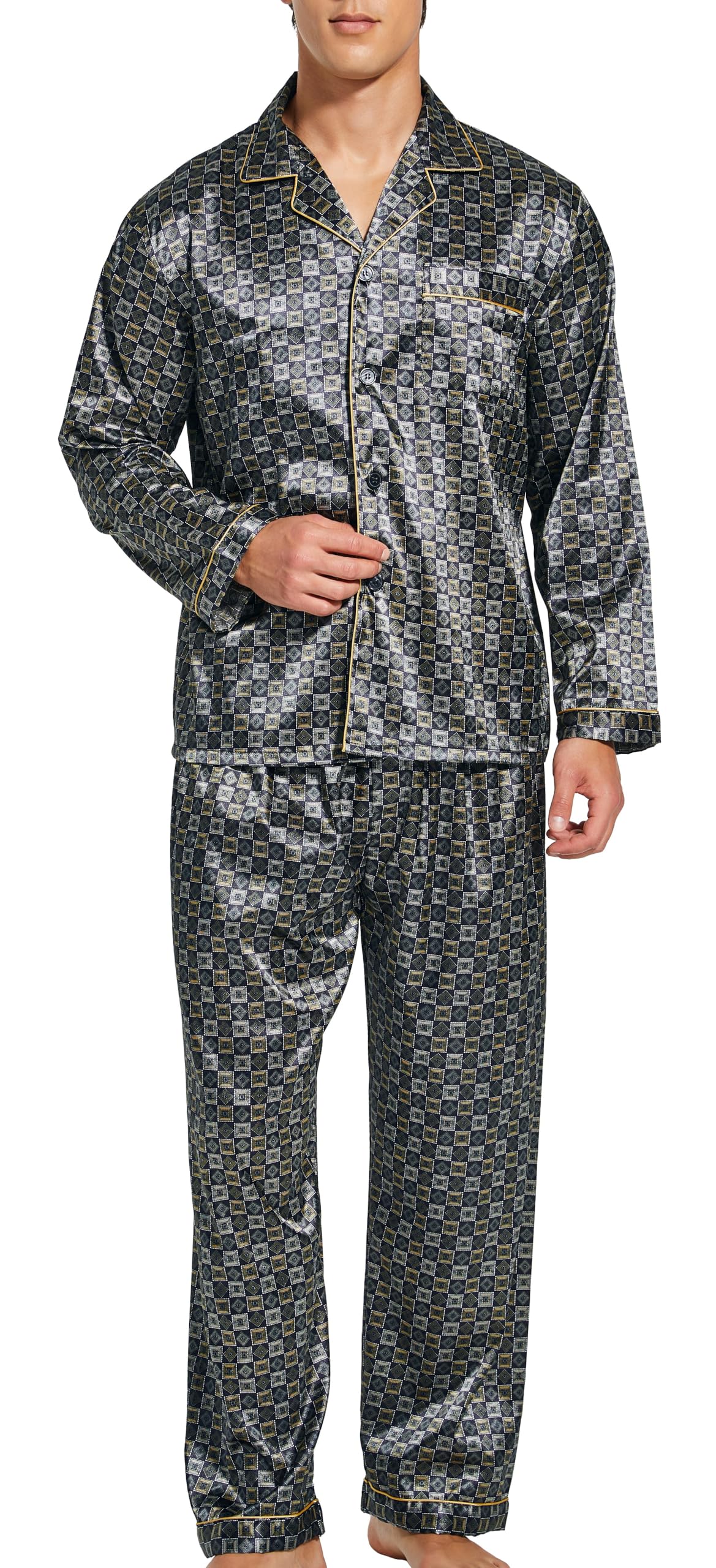 Sanraflic® Men's Satin Pajamas Long Button-Down Pj Set Sleepwear Loungewear Nightwear