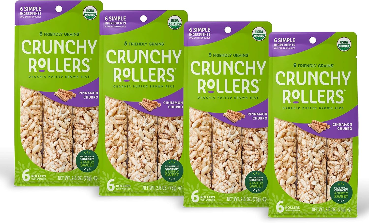 Friendly Grains - Crunchy Rollers - Organic Rice Snacks, Crispy Puffed Rice Rolls, Healthy Snack Rolls for Adults and Kids - Cinnamon Churro - (4 Packs of 6)