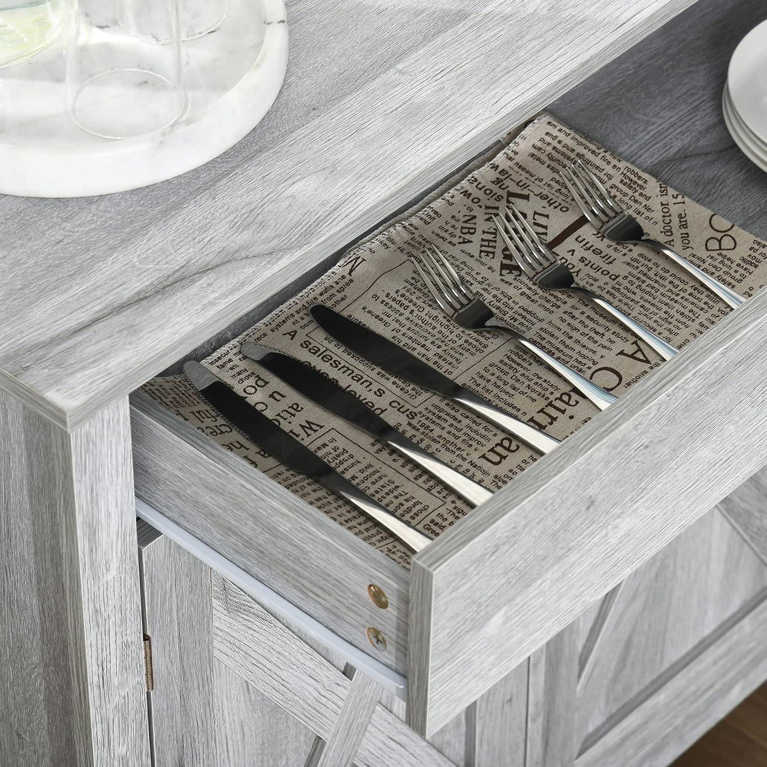 HOMCOM Farmhouse Barn Door Sideboard Storage Cabinet Coffee Bar for Living Room – Grey Grain