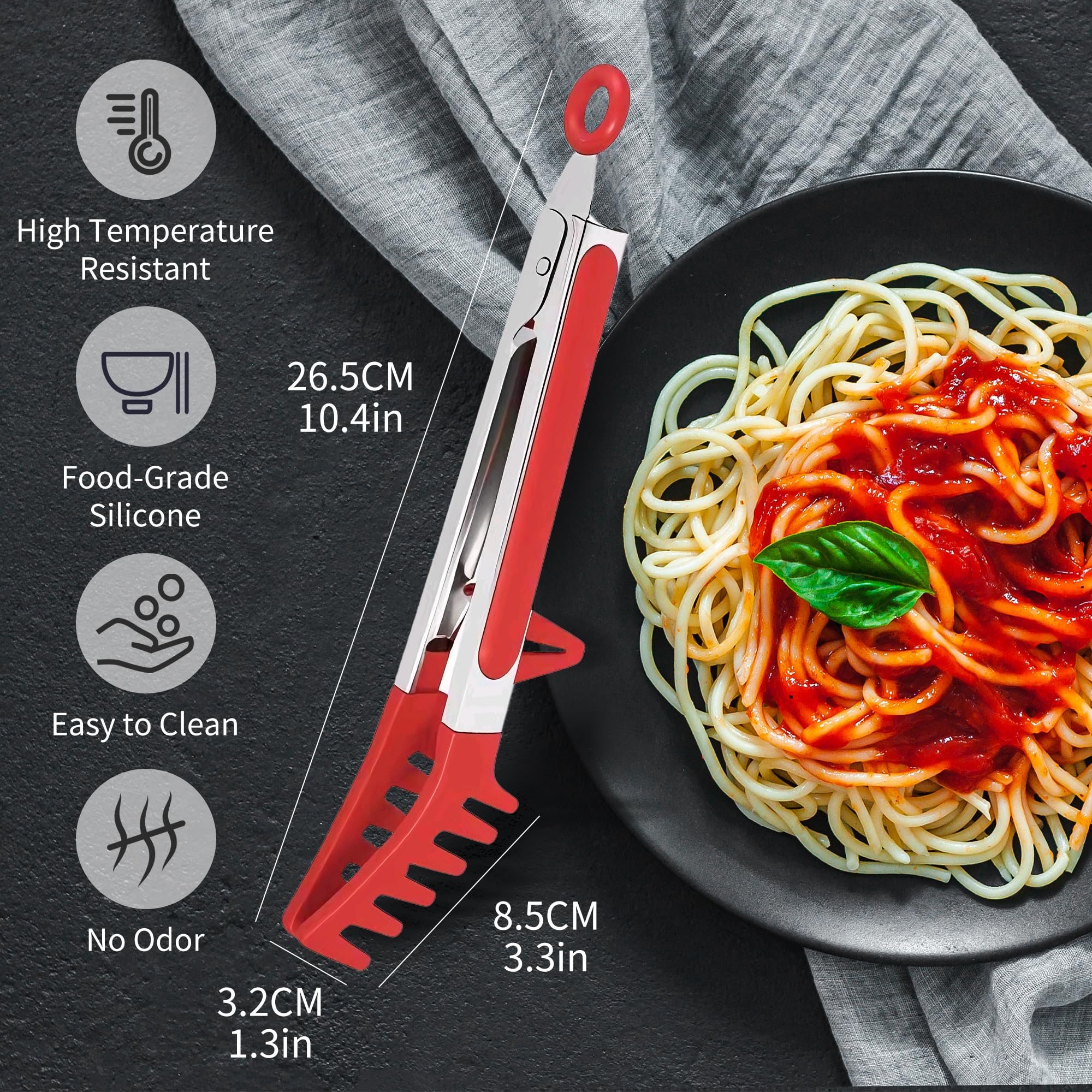 Professional Stainless Steel Pasta Tongs with Non-Slip Silicone Teeth - Heat Resistant 600°F, Dishwasher Safe Spaghetti Server Utensil for Cooking, Baking, Salad...(red)