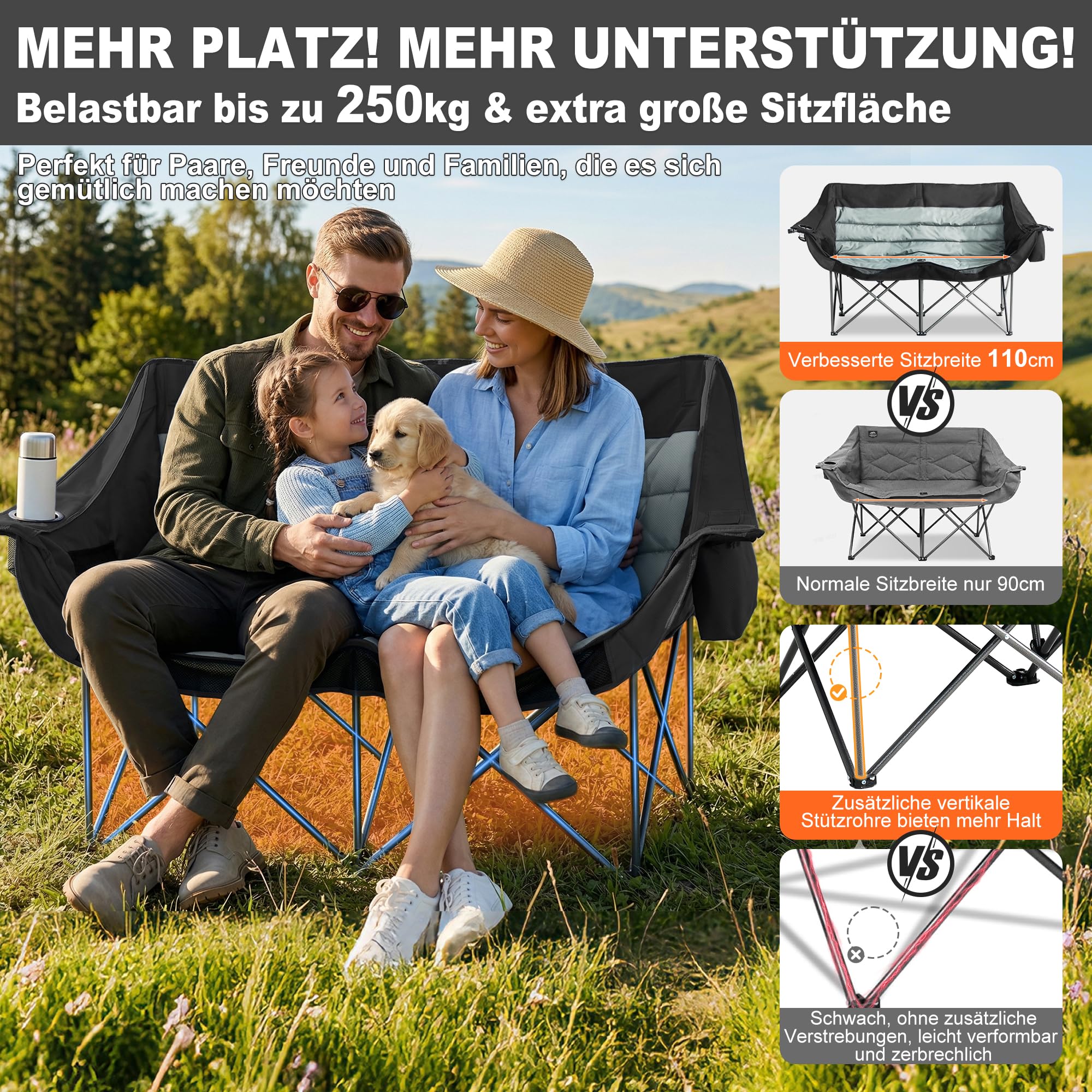 Coolfish Doppel Campingstuhl Faltbar, Klappstuhl Campingsofa für 2 Personen, Bequemes 2 Sitzer Camping Sofa mit Getränkehalter, Stabiler Outdoor Campingcouch Angelstuhl mit Kühltasche, Schwarz
