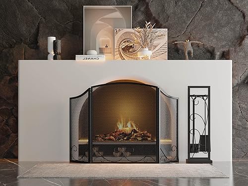 Miniatura 3 de Lizh Metalwork - Juego de 5 herramientas para chimenea de acero negro, kit de accesorios para horno, herramientas para chimenea, incluye póster,