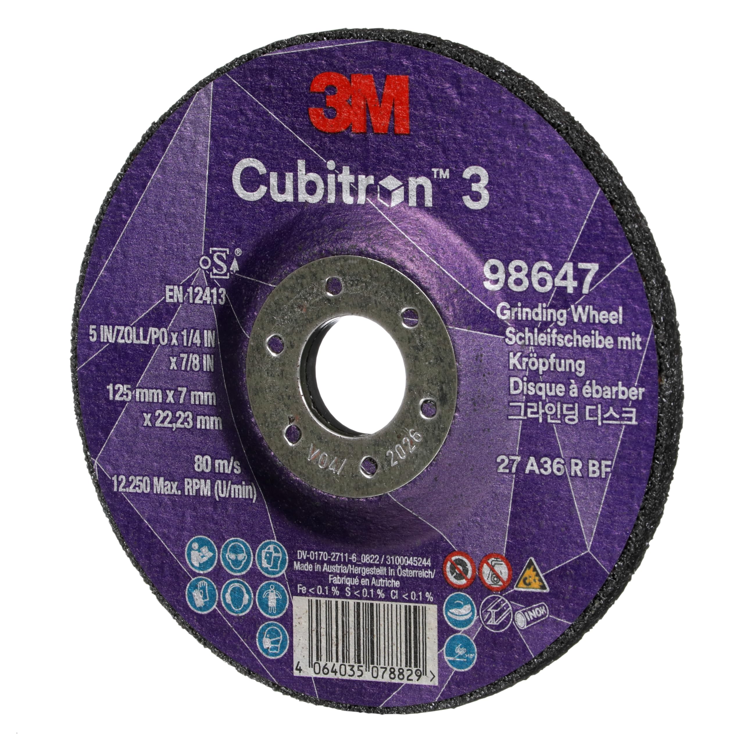 Disco da Sbavo a Centro Depresso 3M Cubitron 3, 98647, 36+, T27, 125 mm X 7 mm X 22.23 Mm, En, 10/Pack